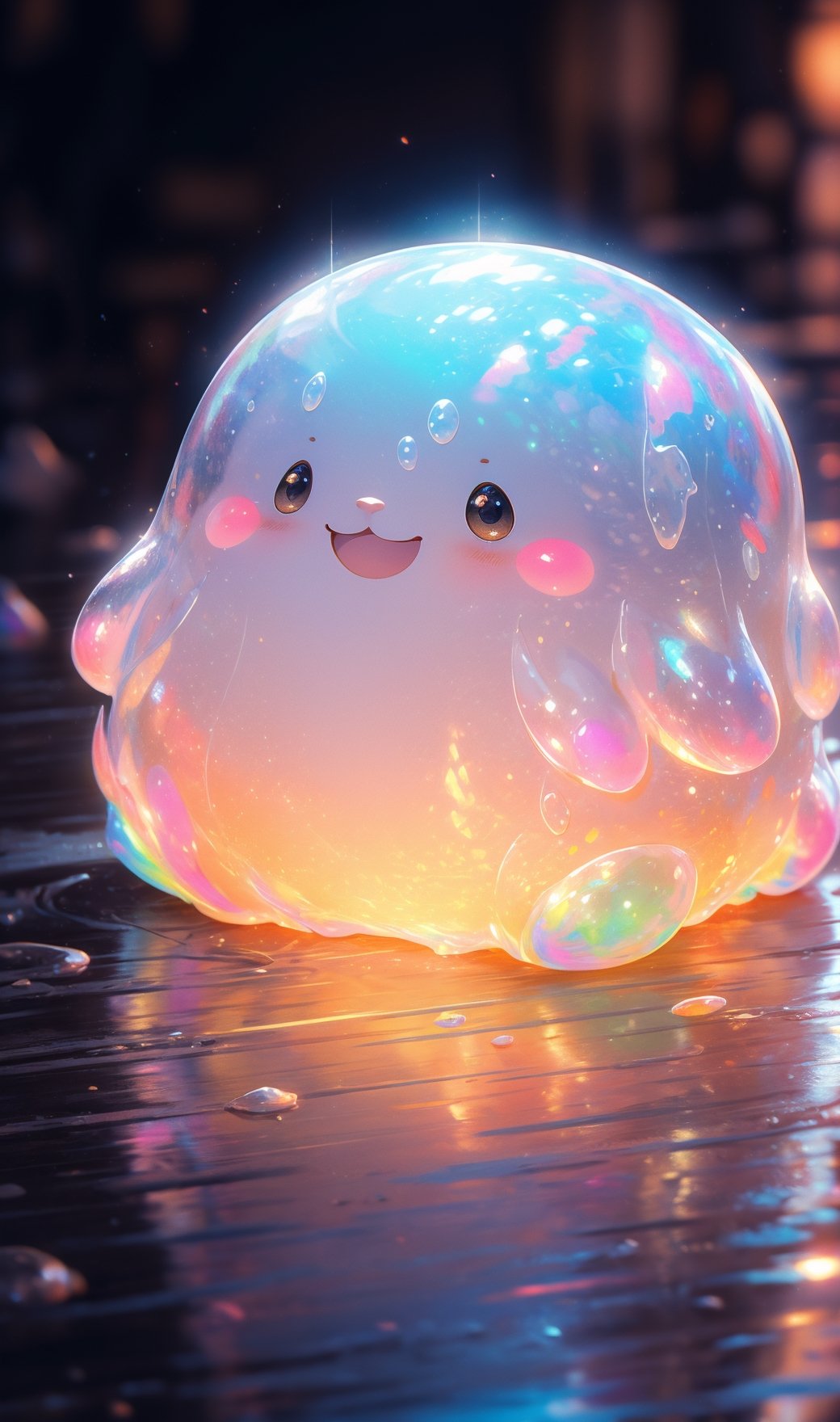 ((best quality)), ((Masterpiece)), blob slime, transparent slime, translucent, kawaii effects, kawaii glow, cute, more prism, vibrant color, detailed face, (perfect anatomy), masterpiece prima, extremely detailed CG, 8k, detailed body, ultra-detailed, realistic, ((ultra- detailed)), ((intrinsically detailed)), ,slime,3dcharacter