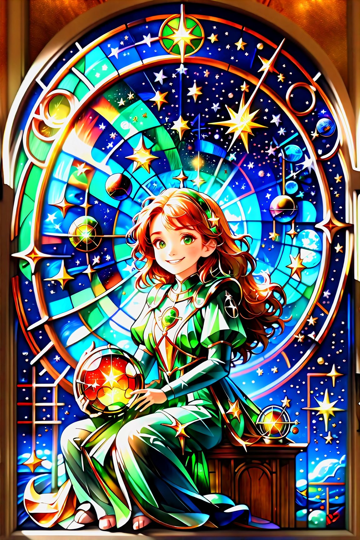 Highly qualified 8K style Studio Ghibli, HD, Zodiac stained glass woman (familiar face) magic space, sitting, starry sky, meteor, rotating light particles and disappearing magic letters, looking into the glowing sphere of light, miracle, warm light (constellation stained glass: 1.5) Light green and light orange tones, smile, epic, celesta, fantasy world, cute world,