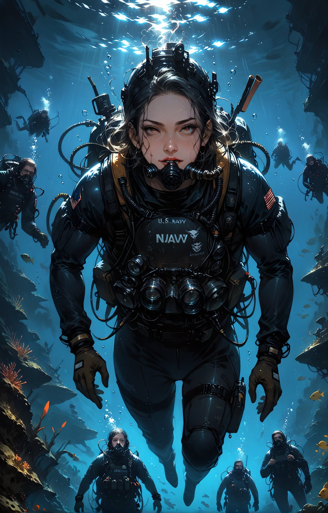 score_9, score_8_up, score_7_up, (Fidelity:1.2), (best quality, 4k, 8k, highres, masterpiece:1.2), ultra-detailed, (realistic), diving, 3divers, deep underwater, us navy, secret mission, group of military divers, military scuba diving suits, concept art, Best quality, Ultra High Resolution,l4rg33y3s,more detail XL,Expressiveh,dark theme