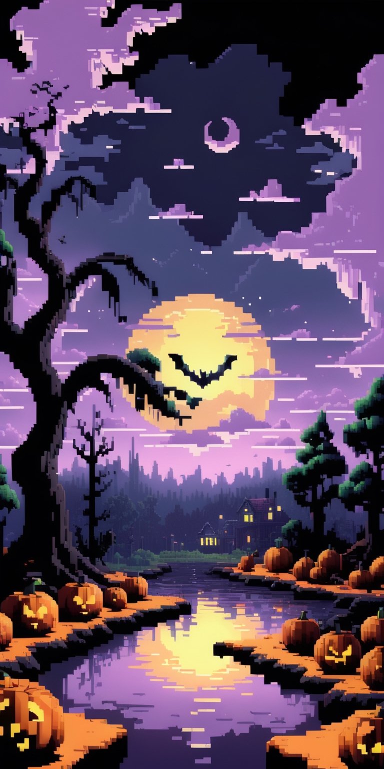 Pixel art spooky night scenes, 3D pixel art 4K wallpapers, Amazing pixel art details, Pixel art, Detailed Unreal Engine pixel art, Half-red moon sky, Spooky Night, Holloween theme,pixel style