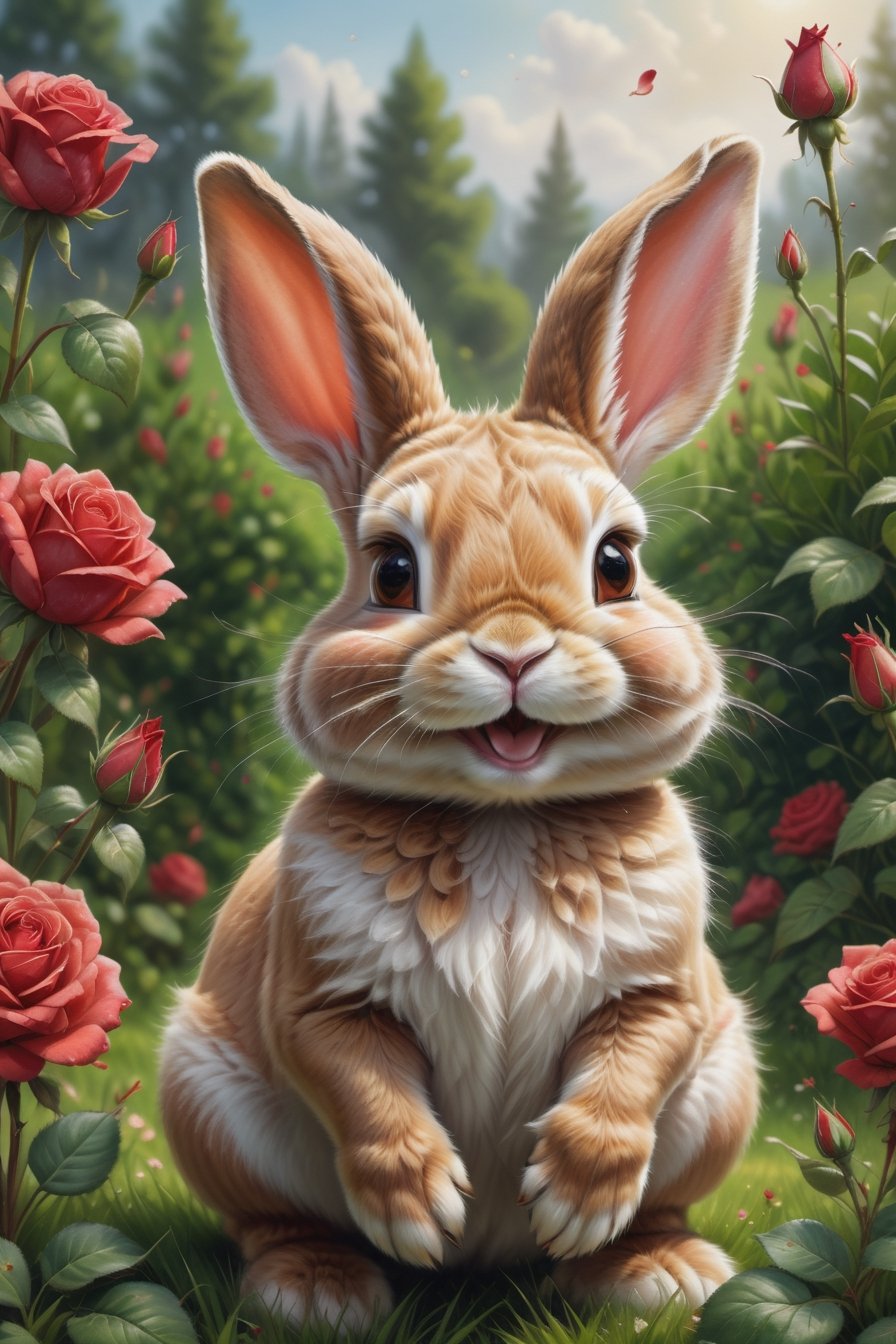 "Produce a super realistic painting in the classic painting style featuring close-up of an cute smiling bunny on green grass and brings a red rose with her hands for valentine day, warm and pleasant soft lighting, amazing sun, amazing depth of field, high detail, perfect accuracy, perfect composition. Ensure the image radiates high-quality details, capturing the essence of a whimsical and cute fluffy cute bunny in a rose garden."