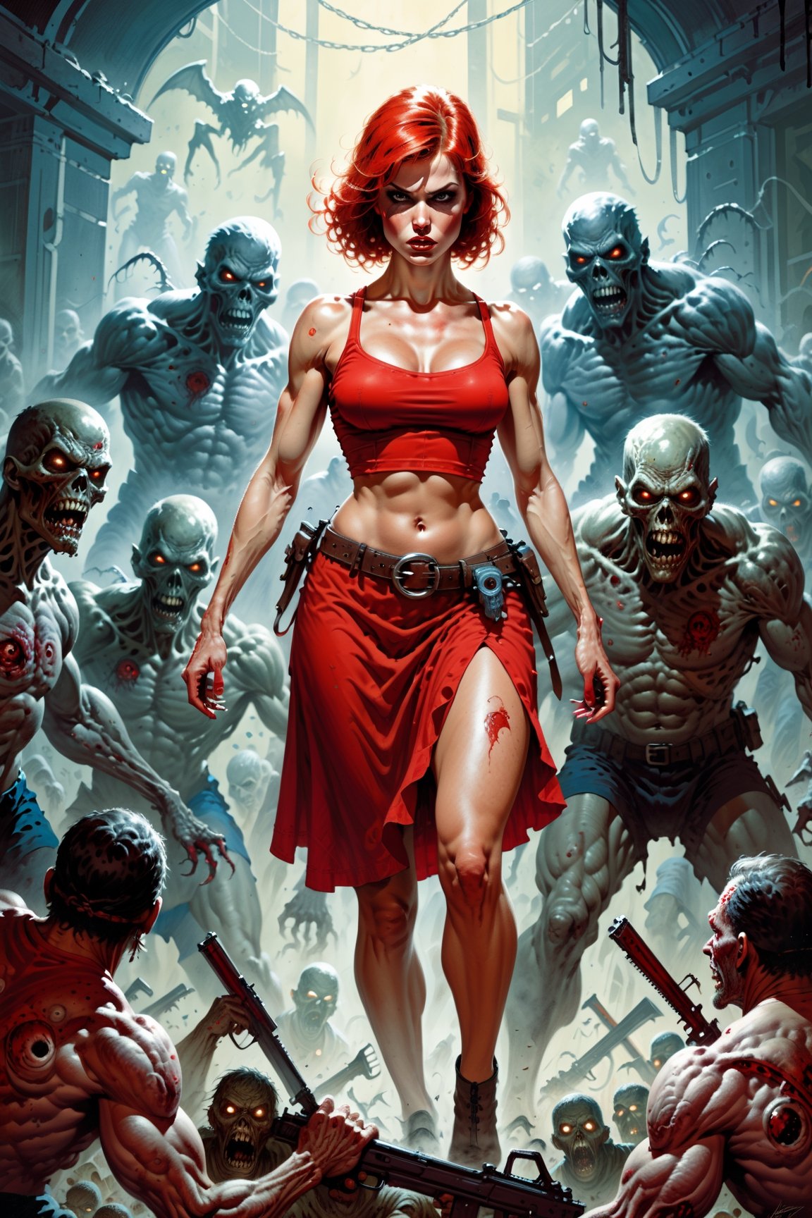 masterpiece, best quality, [detailed], [intricate], digital painting, a toned athlete muscular woman in a red skirt is surrounded by zombies, Barry Windsor Soares, Marcos Silvestri, Inspired by Clyde Caldwell(Clyde Caldwell), Clyde Caldwell, Frank Przetta, Richard Coben Style, Marcos Schulz, Mike Flug, John Bushma, Jeffrey Jones, Frank Frazzetta Cartoon Style, ( Fitzpatrick Art), Richard Coben and Frank Miller art style,