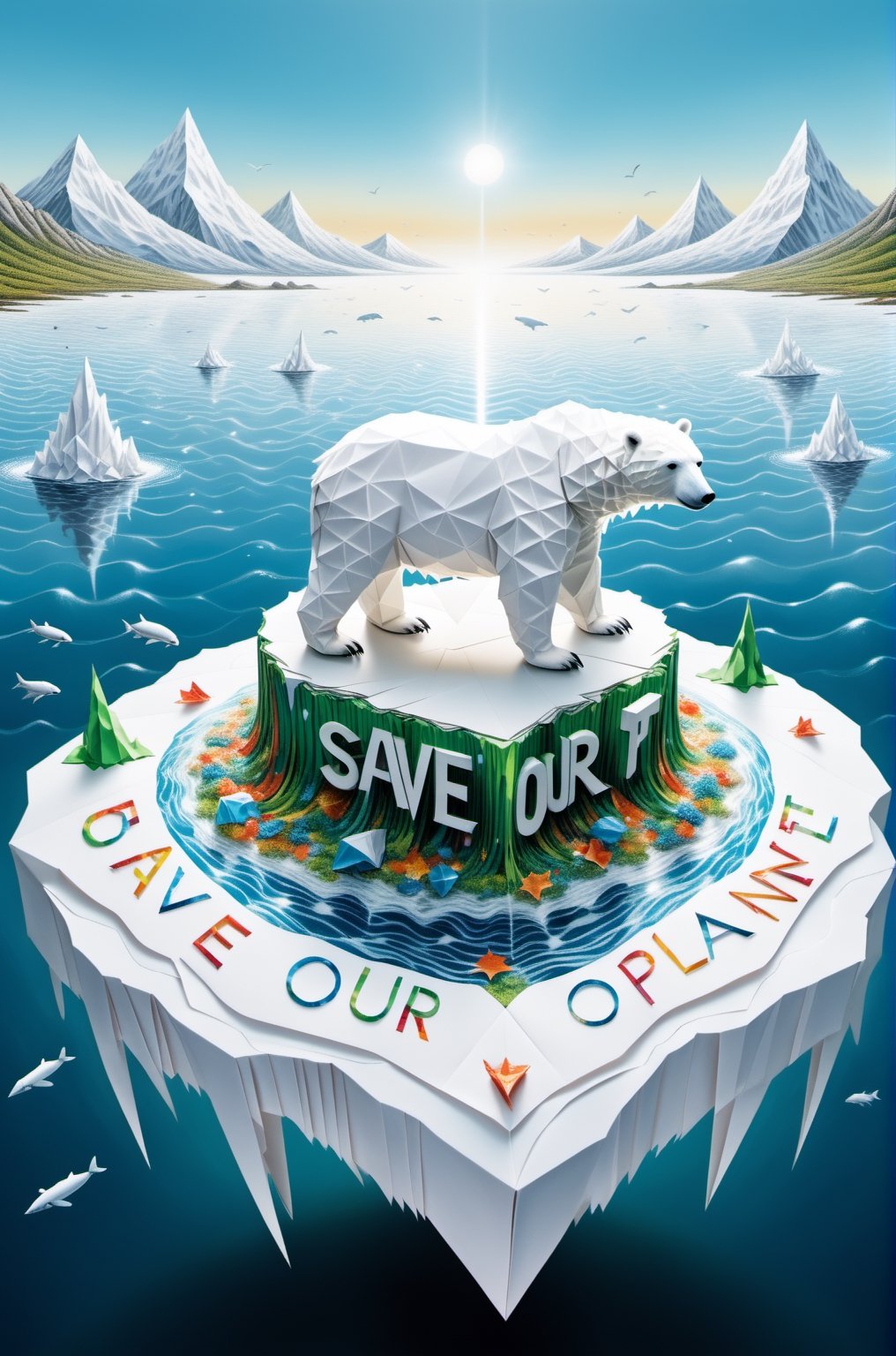 ("SAVE OUR PLANET" text logo: 1.3), Origami, dripping paint, White Polar Bear standing on a tiny island made of waste in a vast ocean, full body portrait, wide scale lens,aw0k magnstyle,detailmaster2,Movie Still,TEXT LOGO