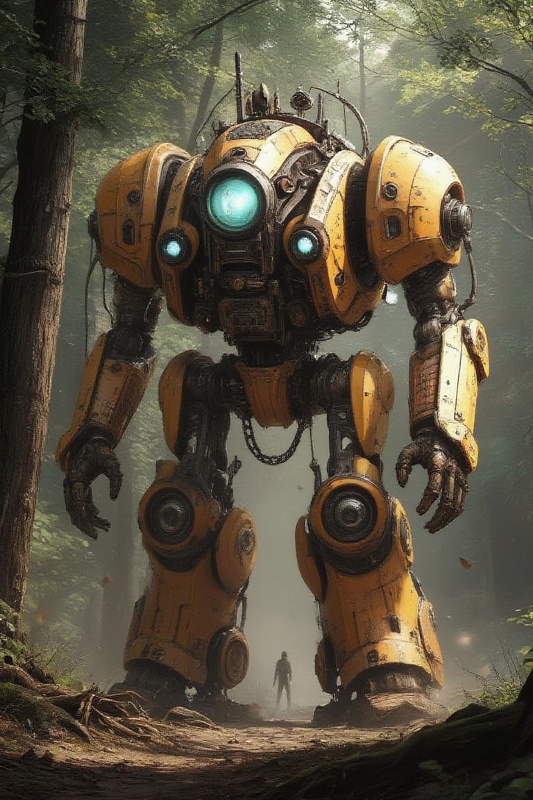 Masterpiece, professional, award-winning, intricate details, ultra high detailed, 64k, dramatic light, volumetric light, steampunk era, medium size robot, piloted by an human, steampunk style, action environment, forest, leaf shadows, globalized enlightenment, volumetric lights, Natural color contrasts with metal and rust colors, High resolution, 8k,ek_art_b00ster,anime,illustrated,