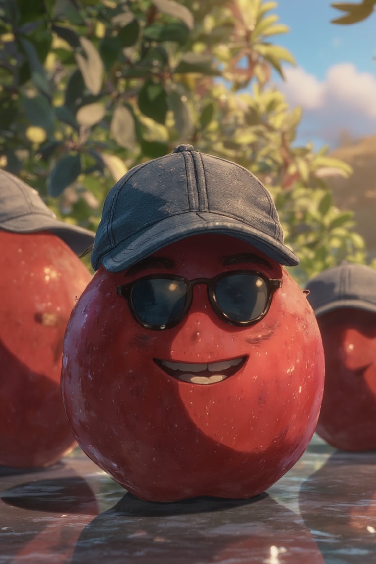 Masterpiece, professional, award-winning, intricate details, ultra high detailed, 64k, dramatic light, volumetric light, dynamic lighting, animation style, very cute appealing anthropomorphic apple wearing a cap and sunglasses, looking at the viewer, big grin, happy, fruit, droplets, macro, sunlight, fantasy art, dynamic composition, dramatic lighting, award winning illustration, vivid, vibrant, unreal engine, concept art,