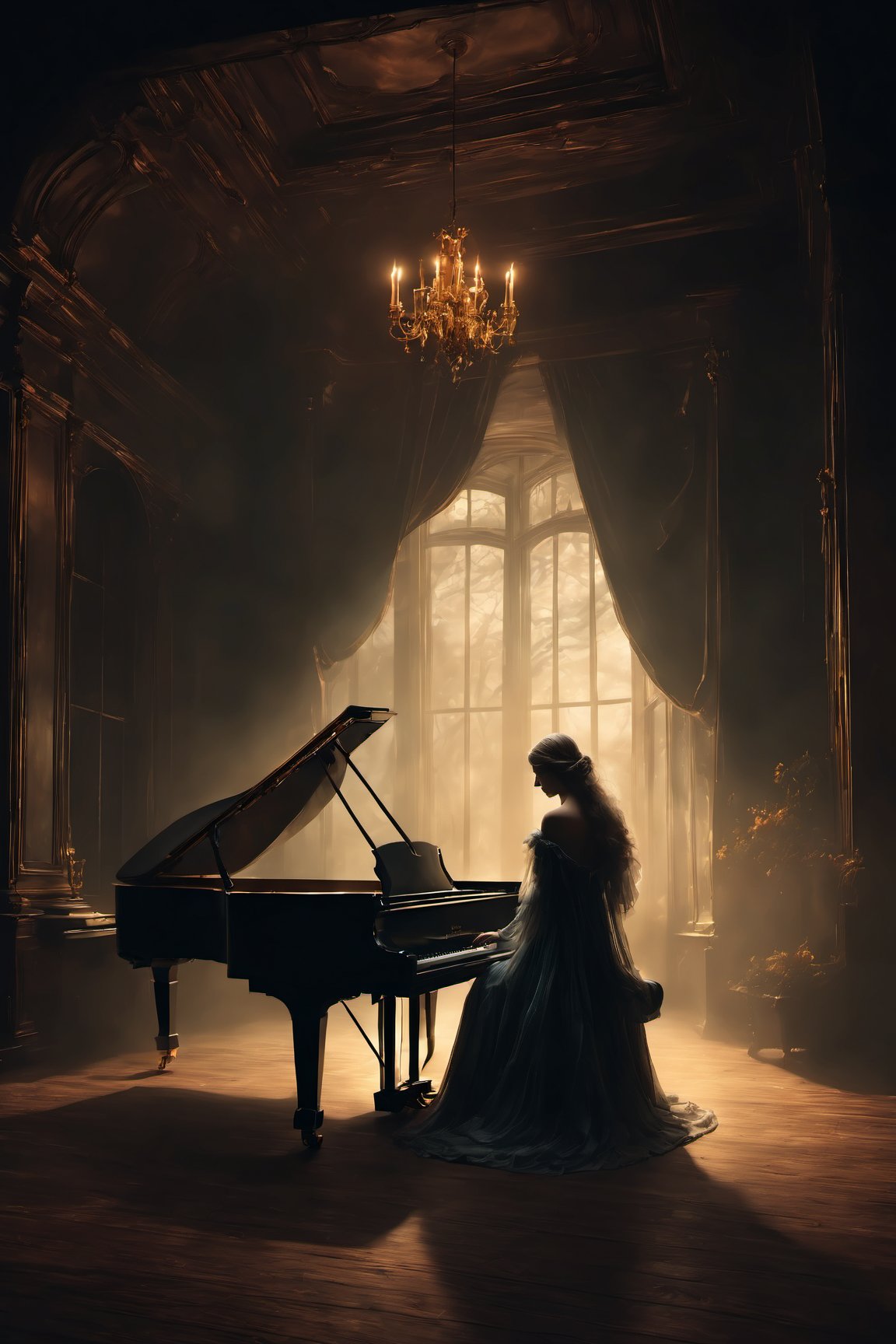 a haunting and ethereal digital painting of a ghostly figure playing a melancholic melody on a grand piano, surrounded by an enchanted audience entranced by the music, oblivious to the dark and eerie surroundings. The ghostly figure is partially transparent, emitting a soft glow, with flowing ethereal robes. The grand piano is intricately detailed, with delicate looks and a weathered appearance. The composition is dynamic and atmospheric, with muted colors and dramatic lighting, evoking a sense of mystery and foreboding. Inspired by the works of classical painters like Caspar David Friedrich, this artwork captures the captivating and haunting nature of the scene. Created using digital painting techniques and rendered with realistic textures and lighting effects for a stunning and immersive visual experience.