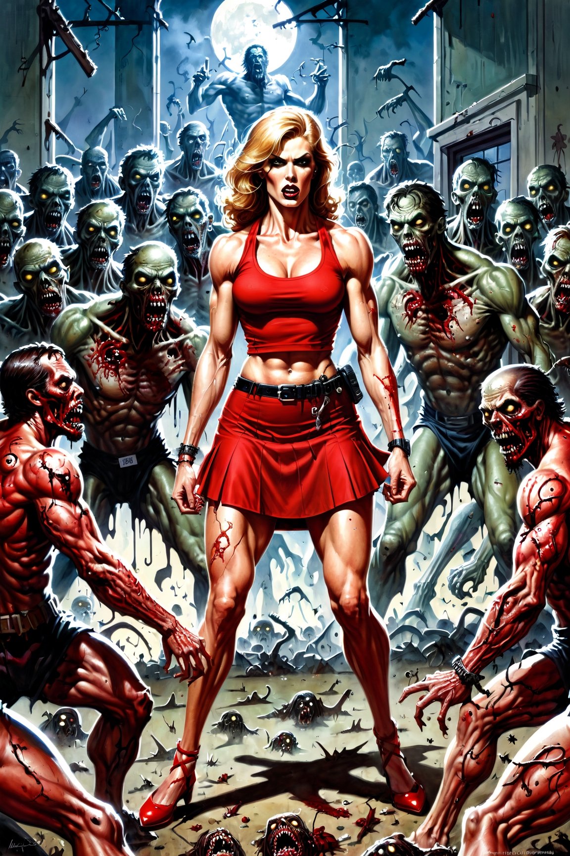 masterpiece, best quality, [detailed], [intricate], digital painting, a toned athlete muscular woman in a red skirt is surrounded by zombies, Barry Windsor Soares, Marcos Silvestri, Inspired by Clyde Caldwell(Clyde Caldwell), Clyde Caldwell, Frank Przetta, Richard Coben Style, Marcos Schulz, Mike Flug, John Bushma, Jeffrey Jones, Frank Frazzetta Cartoon Style, ( Fitzpatrick Art), Richard Coben and Frank Miller art style,