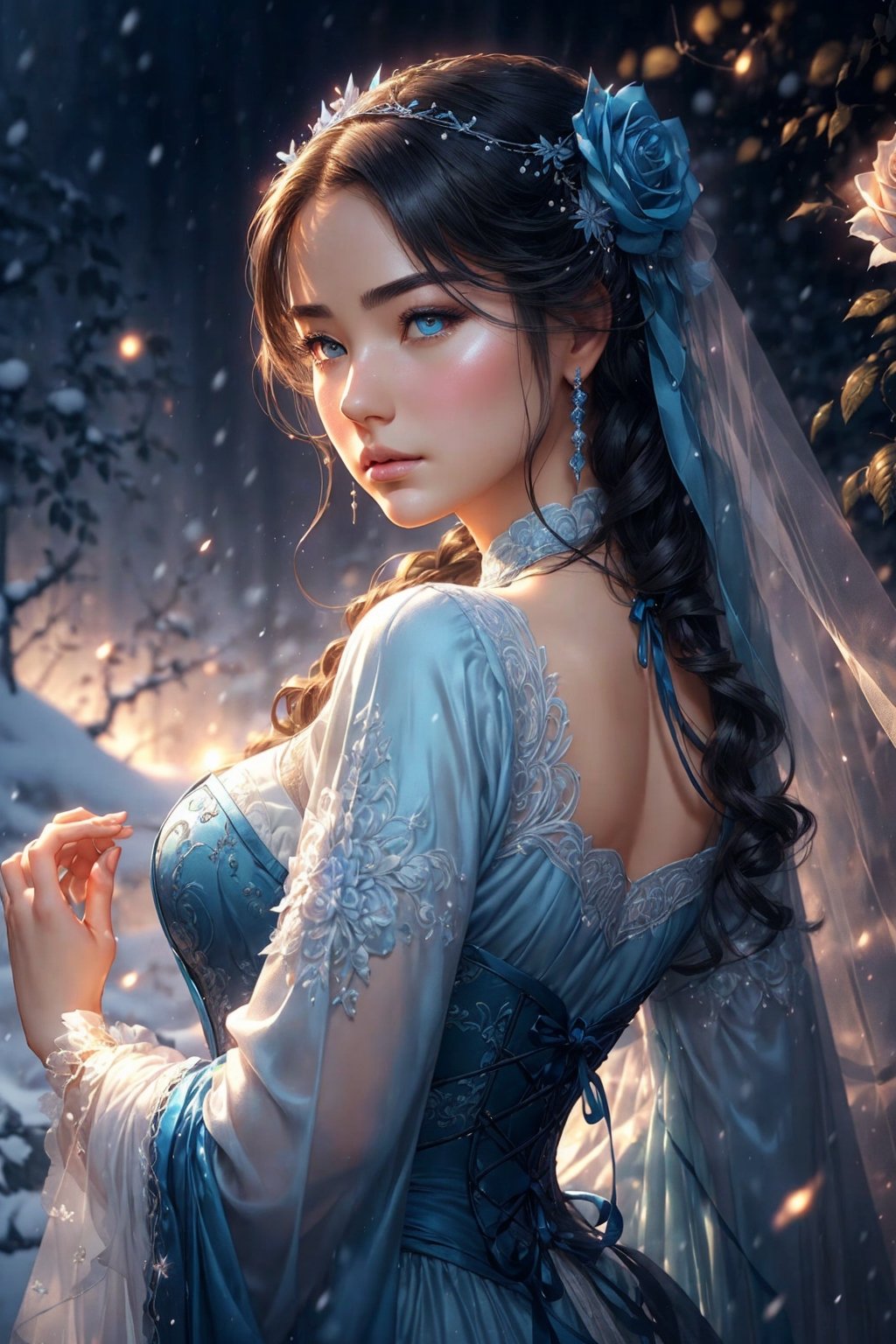 It's realistic (((illusion))) Set against the backdrop of an icy castle, enchanted in winter, and a frozen rose garden, the artwork should consist of various shades of cool blue. There is a lot of snow. Generate proud woman, (((super delicate face))), Dressed in the pleats of a dazzling French silk ball gown. The graceful face of a woman ((((highly detaild, Realistic and smooth features, Puffy lips.)))) Ball gowns are decorated with ruffles, track, And Archiwa, But in essence, Hand-embroidered torso. The corset has a silk ribbon,  She is wearing a Victorian royal winter robe, The wonderful eyes of a woman are beautifully depicted, With realistic shades and a wide range of colors, And with high resolution. The woman is in the garden of the eternal rose, Each of them is beautifully formed and very detailed. These realistic roses feature shimmering sky blue shades, dark blue, silver, and shimmering blue-violet. The eternal rose is a deep shade of periwinkle with shimmering iridescent hues and bass. Check the woman's face, heads, And the eyes are perfect. 真实感, high fantasy, Whimsical fantasy, Storybook fantasy, Fairytale fantasy, Fantasy Details, Enchantress, Enchantress, 8K, hire, CGI, digital painting, unit, unreal-engine, (((Master Part))), intrikate, graceful, highly detaild, majestueux, digital photography, Arte de Artgerm e Ruan Jia e Greg Rutkowski, (Master Part, beautiful-detailed eyes: 1.2), HDR, Realistic Skin Textures, (((1woman))), (((solo))), Includes highly detailed faces, super delicate face, And an interesting background.nijistyle