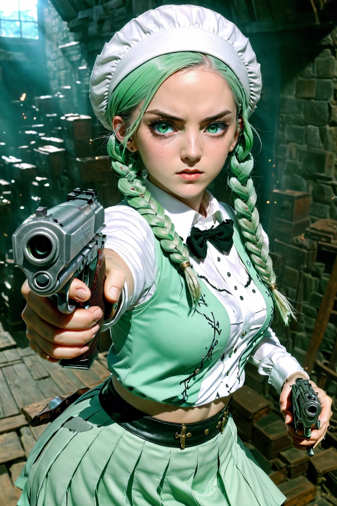 (Best quality, ultra detailed, masterpiece), 1girl with cinematic film still gunatyou, girl pointing a gun at viewer, pistol, cowboy shot, shell casings, bulletpressionless, constricted pupils, crazy eyes:1.2), white shirt, pleated skirt, mint green hair, twin braids, white beret, green eyes, eyeshadolowing eyes:0.7), small gun, holding gun, incredibly absurdres, 8k wallpaper, large breasts, cleavage, sideboob, amazing details, luminous and enchanting, dark and eerie, lit dark fantasy realm, (((rule of thirds))) depth of field intricate details, fantastical realm, extremely detailed, ultra sharp focus, light particles, attention to detail, grandeur and awe, cinematic, stunning visual masterpiece, double exposure, photorealistic, cinematographic scene, highest quality, 32k, octane render,gunatyou