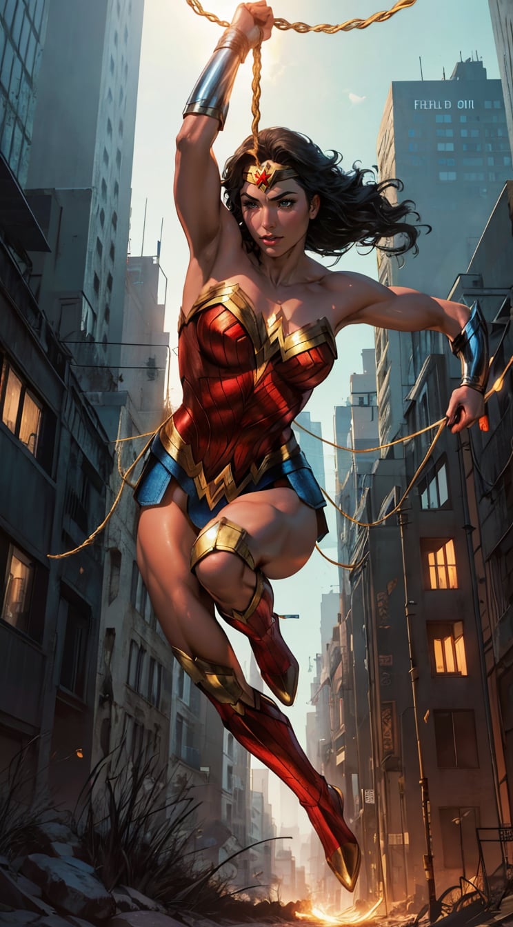 Generate a rough oil painting of Wonder Woman gracefully ((swinging through the gaps between skyscrapers)) (at night), ((flying)), using her ((Lasso of Truth)) as if she were Spider-Man. The golden glow emanating from the Lasso of Truth illuminates the scene like fluorescent lights. Capture her in a dynamic and stylish pose, reminiscent of Frank Miller's Sin City style. (field of depths,boheh backdrop),wonder_woman,artgerm,semi-realistic,Anime,highres,masterpiece