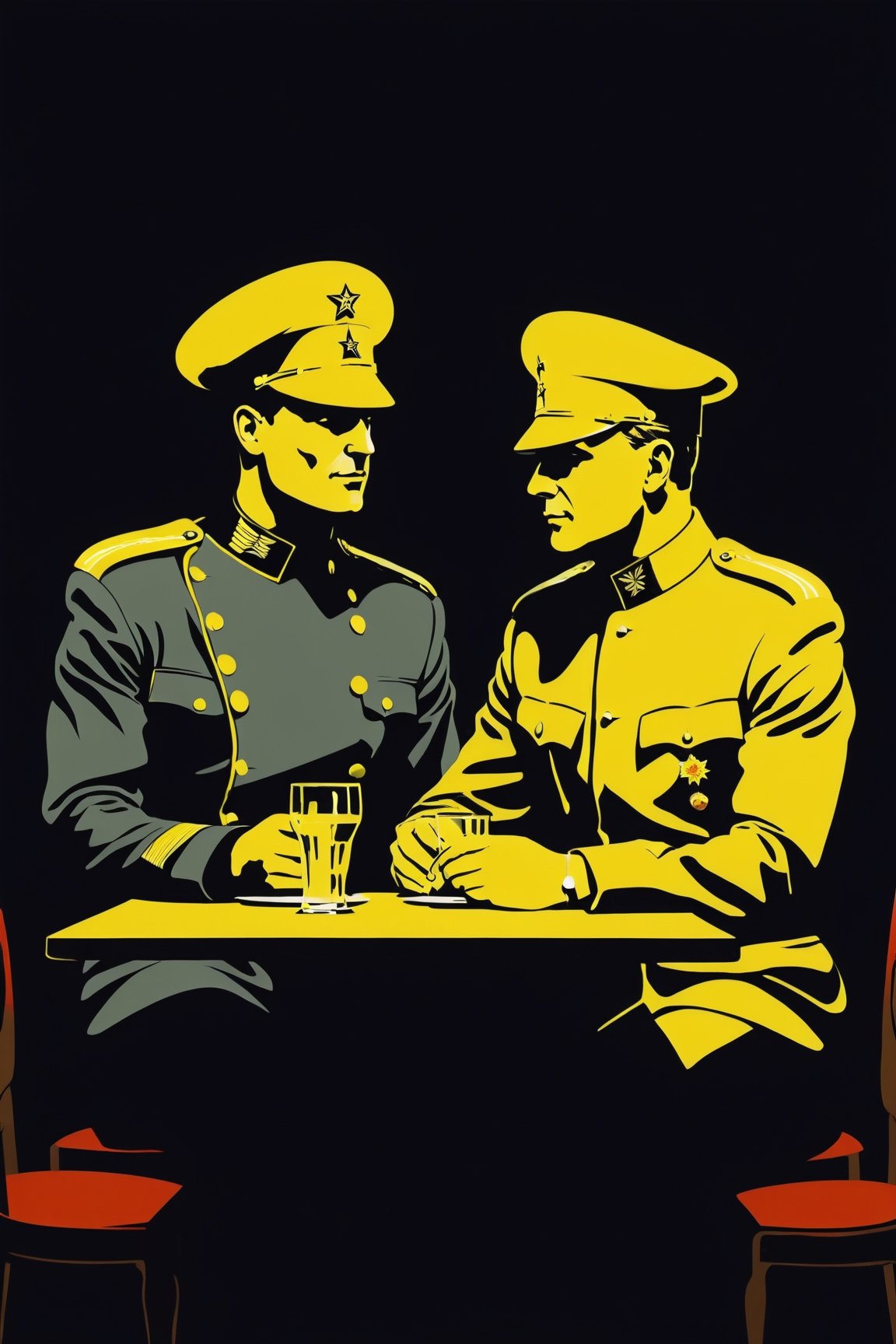 character silhouette, 2 men at a restaurant table, body in shadow, Soviet officer's uniform, dark night, dark yellow background,Flat vector art,pencil sketch