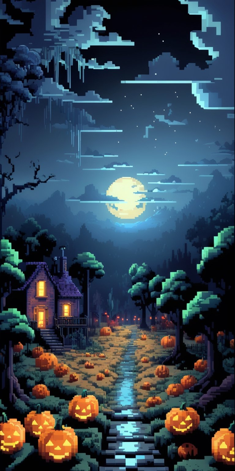 Pixel art spooky night scenes, 3D pixel art 4K wallpapers, Amazing pixel art details, Pixel art, Detailed Unreal Engine pixel art, Half-red moon sky, Spooky Night, Holloween theme,pixel style