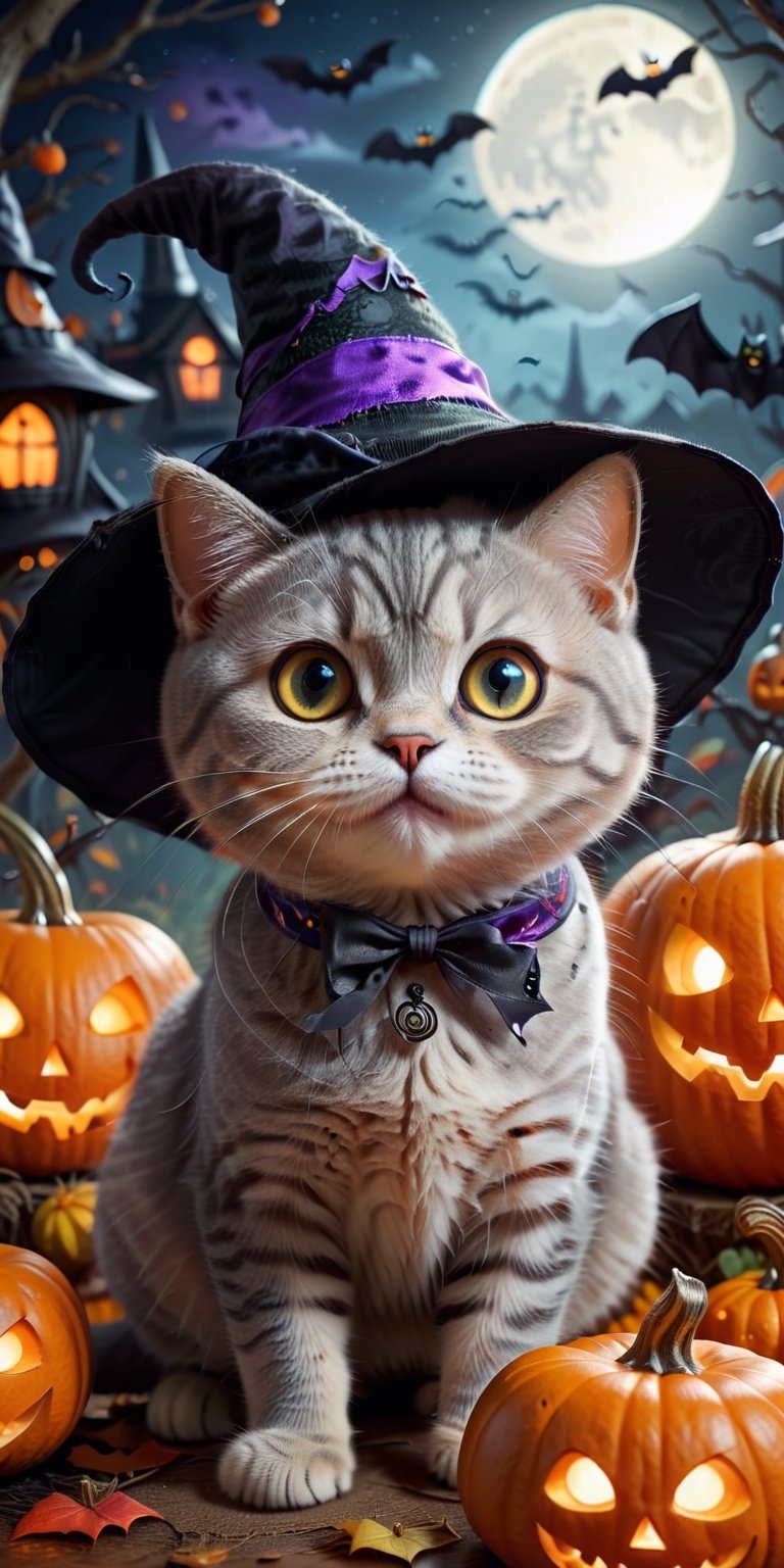 Cute Short-tailed British shorthair cat with witch hat, big eyes, pumpkins, halloween, bat, (Best Quality, 4k, high resolution, Masterpiece:1.2), Ultra-detailed, (realisitic:1.3), vibrant colors, studio lit, Bokeh, Illustration, Spooky atmosphere, Craft an irresistibly cute Halloween-themed. Request vibrant colors, charming details, and a whimsical Halloween background that enhances the cuteness. Aim for a visually delightful composition capturing the adorableness of this little cat on a Halloween adventure