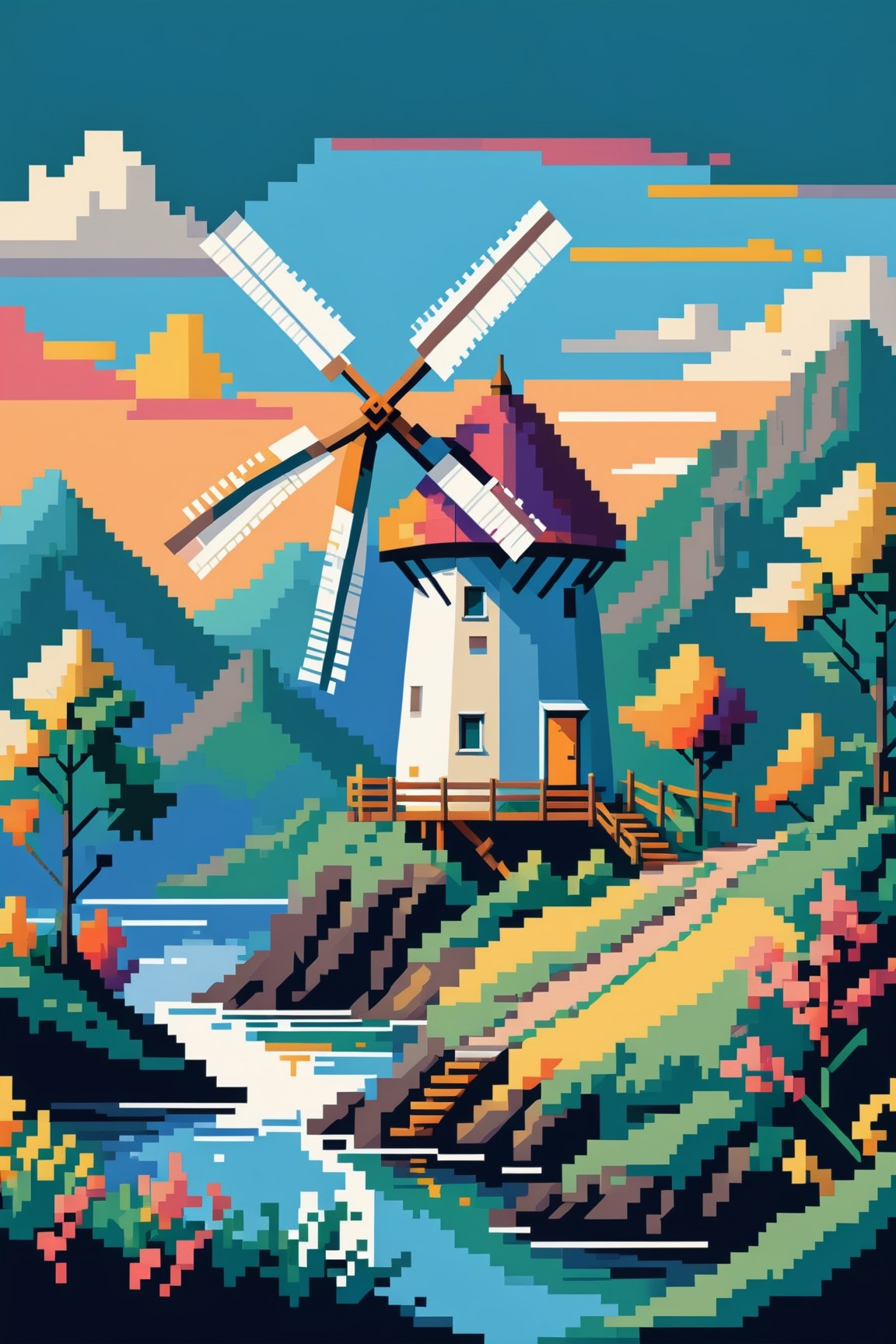 (Beautiful abstract composition:0.6), (Colorful illustration), ((minimalist pixel art illustration of deep scenery with flat coloring)), (outdoor scenery, windmill),pixel art style