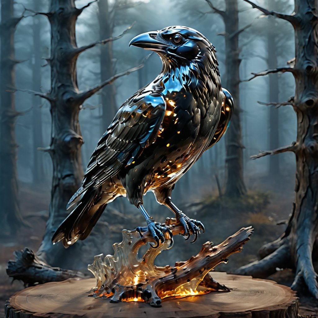 ((masterpiece)), ((best quality)), 8k, high detailed, ultra-detailed,(sleek stealth), ((Mechanical realistic black Raven:1.5)), High mountain,(perching on old dead tree),(Deep forest:1.5),(Mechanical parts:1.3), Skeletonized body,(transparent:1.5) ,c1bo