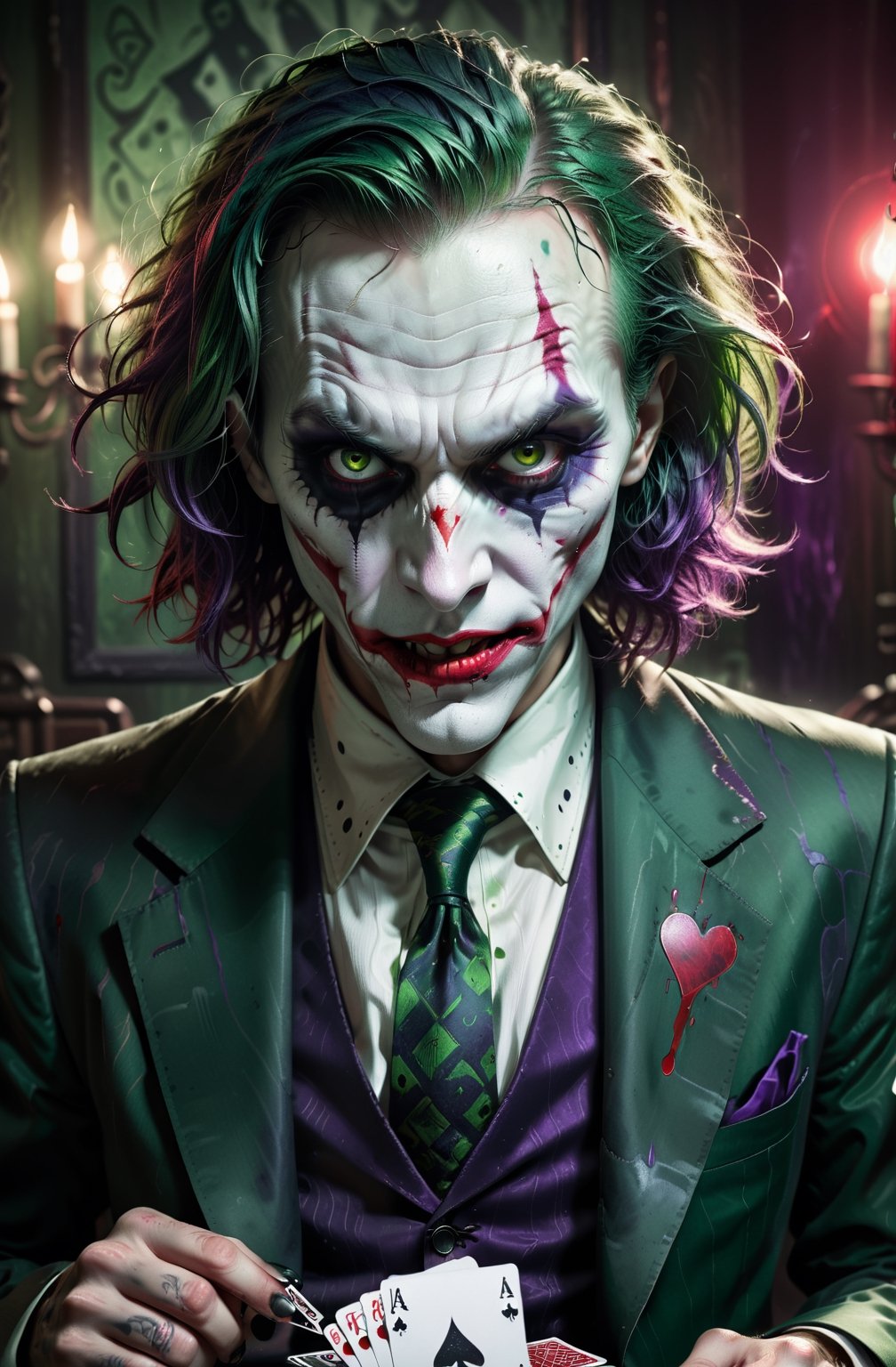 upper body image of joker,HP.lovecraft style,black and white,menacing atmosphere,bizarre expressions,emerald eyes,fangs,bloody red lips,disheveled green hair,distorted face details,long nose,ragged purple suit,tattered playing cards in the background,dark and eerie lighting,horror portrait,vivid contrast,HDR,high-res details,fear-inducing presence,otherworldly elements