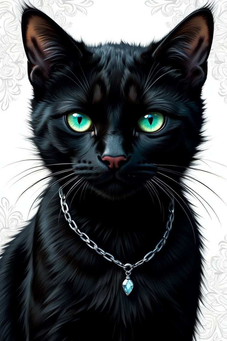 Masterpiece, professional, award-winning, intricate details, ultra high detailed, 64k, dramatic light, volumetric light, create a realistic and cute comic style sleek black cat with piercing emerald eyes and a  pink nose. Her fur is styled in loose, flowing waves, and she wears a delicate silver necklace with a tiny crystal pendant. Showcasing incredible texture and detail. Rendered in high-quality, super-detailed textures. Meticulously illustrated. The white filigree background adds to the ominous atmosphere, 8k,ek_art_b00ster,anime,illustrated,Enhanced all