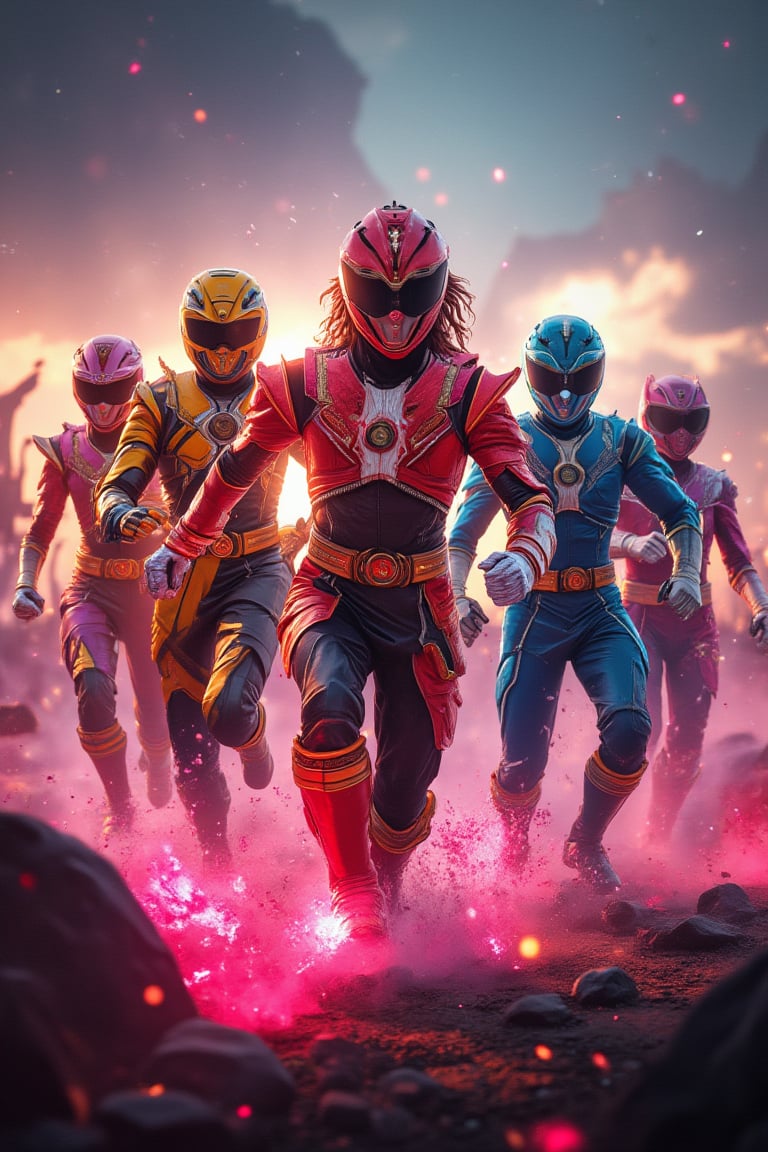 Masterpiece, professional, award-winning, intricate details, ultra high detailed, 64k, dramatic light, volumetric light, dynamic lighting, Solo, A brave and courageous image of a 6 member ranger team, Each one is decorated in vibrant colors. red is front of center, violet, Green, yellow, blue black, white,. Dynamic poses in a background that exudes energy and courage, neon, fire, plasma, Fluorescent, shocking, pink big bomber, splashing pink, running, fighting pose, action pose, Embodying the essence of the classic Sentai superhero team. Each Rangers attire is sophisticated and modern, Each color has elements that reflect its theme., Ready for action. In sunset background, in cinematic lighting, cover art mixed cinema poster style, realistic lighting and shading, vivid, vibrant, unreal engine, concept art,disney style,1girl_Anime