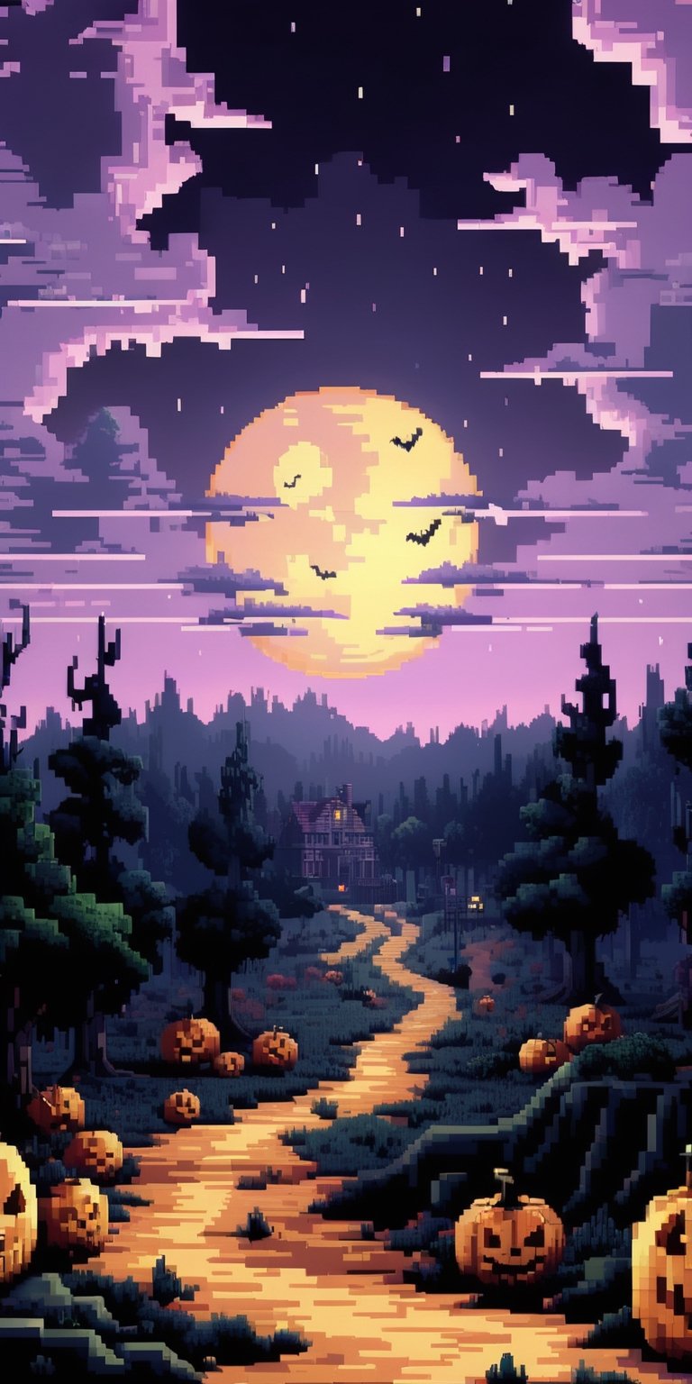 Pixel art spooky night scenes, 3D pixel art 4K wallpapers, Amazing pixel art details, Pixel art, Detailed Unreal Engine pixel art, Half-red moon sky, Spooky Night, Holloween theme,pixel style