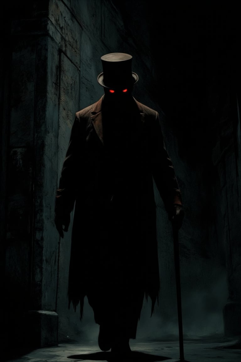 Masterpiece, professional, award-winning, intricate details, ultra high detailed, 64k, dramatic light, volumetric light, In the midst of darkness, a tall, slender figure emerges, dressed in an old, tattered suit. A slightly tilted top hat rests on the head. The face is nearly invisible except for two glowing red eyes that burn in the darkness. The figure holds a cane, tapping it gently on the ground with each step, the sound echoing hauntingly in the silence,ek_art_b00ster,anime,Hand,illustrated