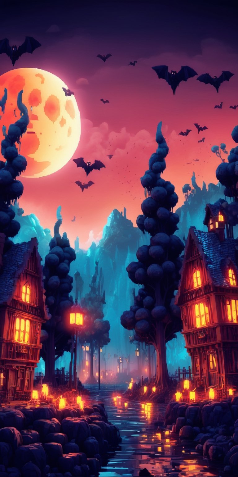 Pixel art spooky night scenes, 3D pixel art 4K wallpapers, Amazing pixel art details, Pixel art, Detailed Unreal Engine pixel art, Half-red moon sky, Spooky Night, Holloween theme,