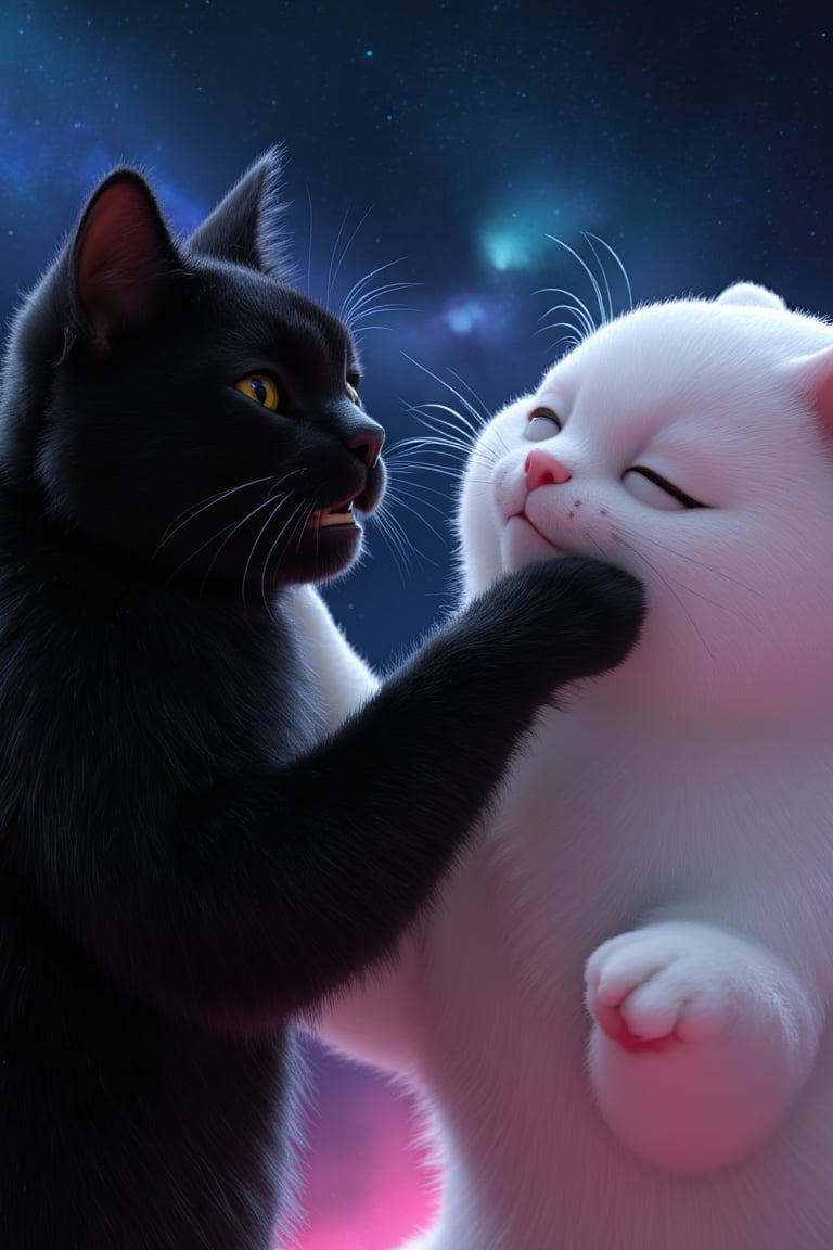 Masterpiece, professional, award-winning, intricate details, ultra high detailed, 64k, dramatic light, volumetric light, dynamic lighting, cute, A black cat. Reaching out its front paw to grasp the extended front paw of a white cat. Tears in its eyes. Feeling relieved. Smiling. A bright galaxy background. vivid, vibrant, unreal engine, concept art,disney style