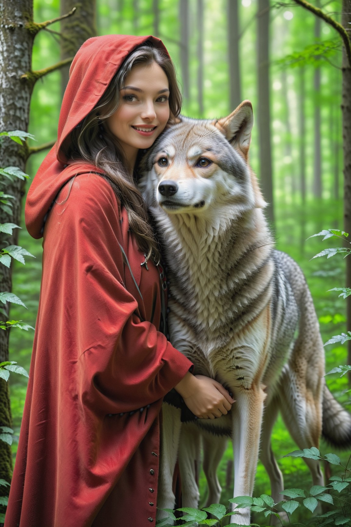 Little Red Riding Hood in her iconic red cloak embracing a gray wolf, standing in a vibrant green forest clearing, soft focus, dappled sunlight filtering through dense trees, wolf's fur texture highlighted, warm interaction between characters, fairy tale atmosph, highly realistic, ruddy skin, beautiful, full lips, smiling, feeling of lightness and joy, hyperrealism, skin very elaborated, direct gaze, style of Greg Rutkowski,oil paint 