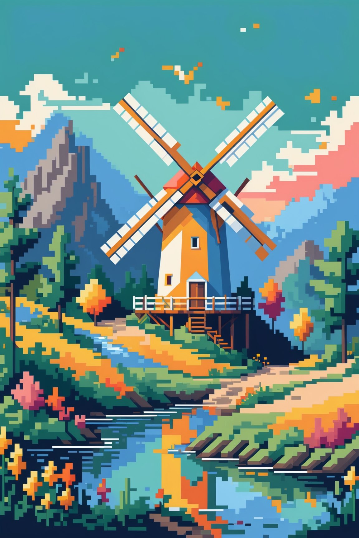 (Beautiful abstract composition:0.6), (Colorful illustration), ((minimalist pixel art illustration of deep scenery with flat coloring)), (outdoor scenery, windmill),pixel art style