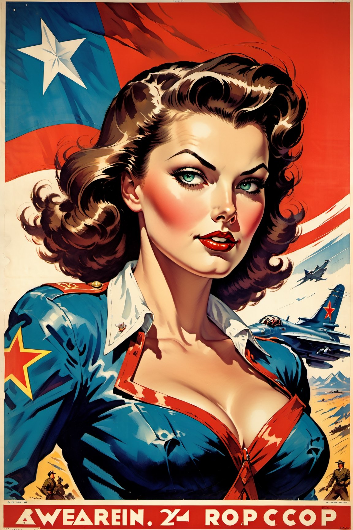 American World War II poster, Gil Elvgren style ((CCCP poster, Soviet poster)) (a medium-sized dark-haired woman with superhero outfit) Poster propaganda, poster, blue sky with fighter jet, hero uniform, 1girl, solo, good body, poster design, poster art style. 1980s, 1950s, 1960s, 1940s, basic color scheme, very colorful poster, colorful art, third rule, inspiring, woman, 1 mature girl, hair blowing in the wind, looking at the viewer, revolutionary, red and blue square background, thick legs, green eyes,Comic Book-Style 2d,2d