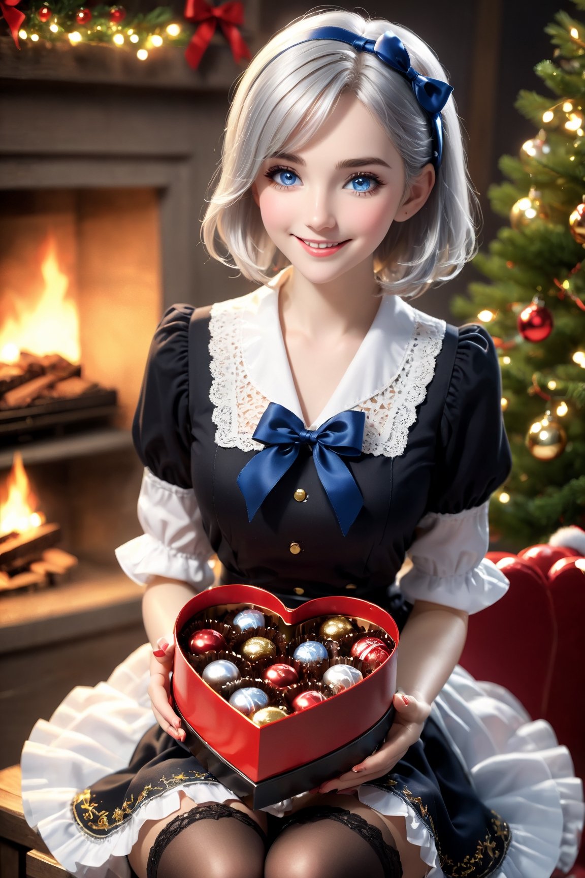 Girl with silver hair and blue eyes, holding with both hands a box of chocolates in the shape of a heart, offering gift with both hands, shy look, blushing, dressed in a red apron and white blouse with lace and black count, red headband, white thigh stockings, Realistic portrait, Amazing face and eyes, (Best Quality:1.4), (Ultra-detailed), (extremely detailed CG unified 8k wallpaper), Highly detailed, Christmas night, surrounded by warm light, smiling happily, fireplace, Christmas, Christmas Ornaments, Christmas tree, the happiest time, highest image quality, highest resolution, depth of field,