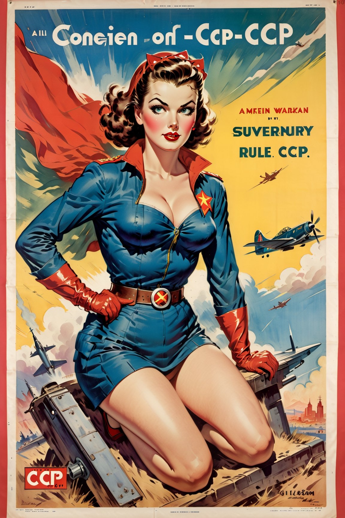 American World War II poster, Gil Elvgren style ((CCCP poster, Soviet poster)) (a medium-sized dark-haired woman with superhero outfit) Poster propaganda, poster, blue sky with fighter jet, hero uniform, 1girl, solo, good body, poster design, poster art style. 1980s, 1950s, 1960s, 1940s, basic color scheme, very colorful poster, colorful art, third rule, inspiring, woman, 1 mature girl, hair blowing in the wind, looking at the viewer, revolutionary, red and blue square background, thick legs, green eyes,Comic Book-Style 2d,2d,VintageMagStyle