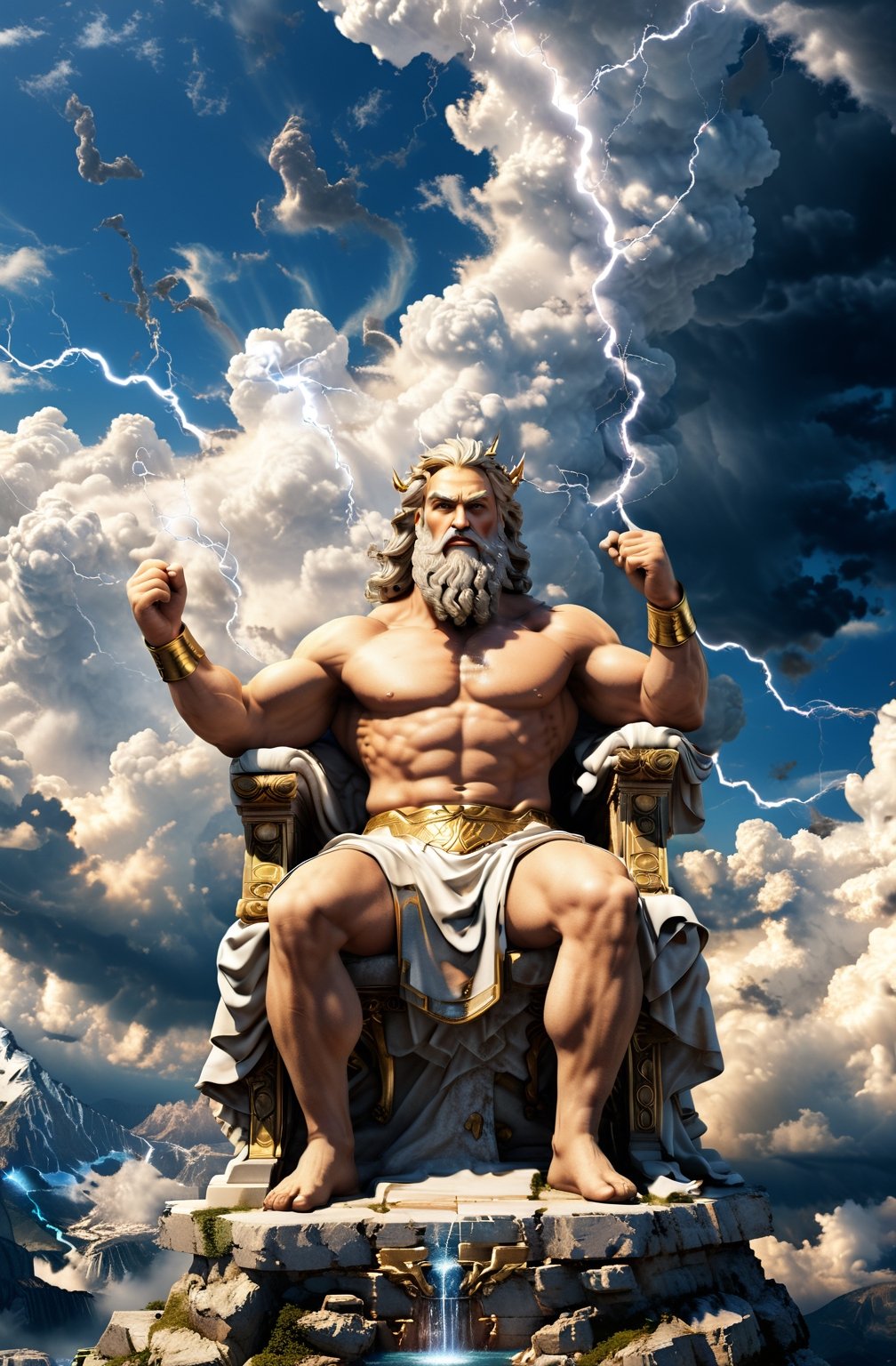 Create a photorealistic image featuring the Greek gods Zeus, the majestic figure of Zeus, ruler of the heavens, as he sits upon his throne of clouds, his lightning bolt in hand, ready to strike down any who dare challenge his divine authority.  Zeus should be portrayed with his distinctive attributes and symbols, such as Zeus with his {thunderbolt}. The background can be a {divine realm}, {Mount Olympus}, or a {mythical landscape} that reflects the realm of the gods. The camera angle can be a {medium shot}, capturing Zeus from a perspective that showcases his presence and individuality. The desired resolution for the image is {high definition}, with {crisp details} and {realistic textures} to bring out the divine qualities of the greek King of Gods, Zeus.