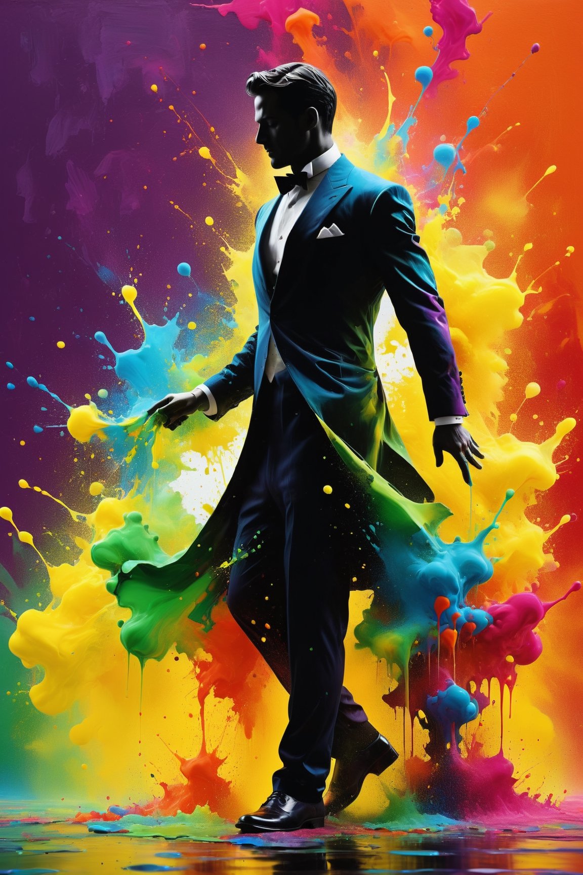 high quality, 8K Ultra HD, Silhouette of a posed gentleman, dynamic pose, profile,Ink splash,Bold colors,dynamically,colorful,An abstract painting that looks like a person if you look closely,works of art,mysterious,design the colors bright,acidzlime