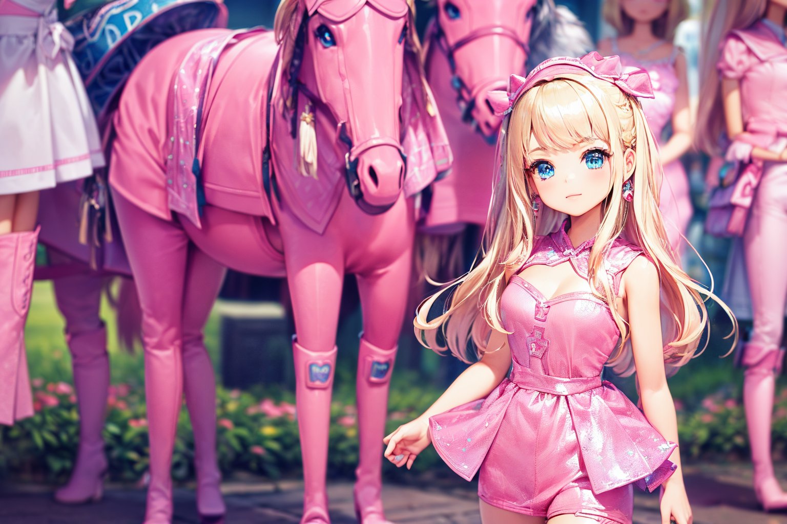 (masterpiece,best quality:1.2), 1girl, blonde hair, middle length hair, blight blue eyes, (((wearing a detailed pink cowboy outfit and matching boots:1.5))), pink sparkles, sprinkles, barbie pink color theme, barbie dolls farm house and ranch background, depth of field, horses in the background,barbie