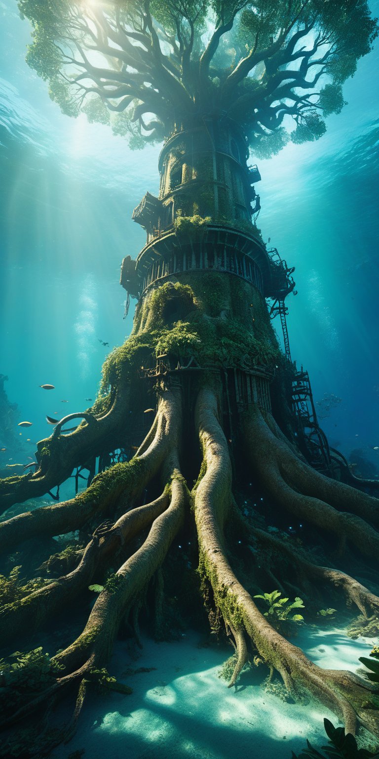 (Extremely detailed CG unity 8k wallpaper),(((Masterpiece))), (((Best Quality))), ((Ultra-detailed)), (Best Illustration),(best shadows), ((an extremely delicate and beautiful)),Masterpiece, best quality, 8K, high res, ultra-detailed,  A profound fantasy art of an underwater scene with a giant tree architecture made of ancient machinery that has its roots on the deep sea floor shrouded in darkness. A gigantic tree made from ancient machinery, with many small lights shining on its branches and leaves in the darkness. A group of mechanical ruins from a long-lost civilization that exudes eeriness, broken mechanical tower ruins, shattered remains of an unknown reactor, and a broken mechanical wall with weathered marks. A gigantic tree made from ancient machinery still continues to shine with the memories of those days as a beacon of hope, waiting for the time when it will one day fulfill its true role.