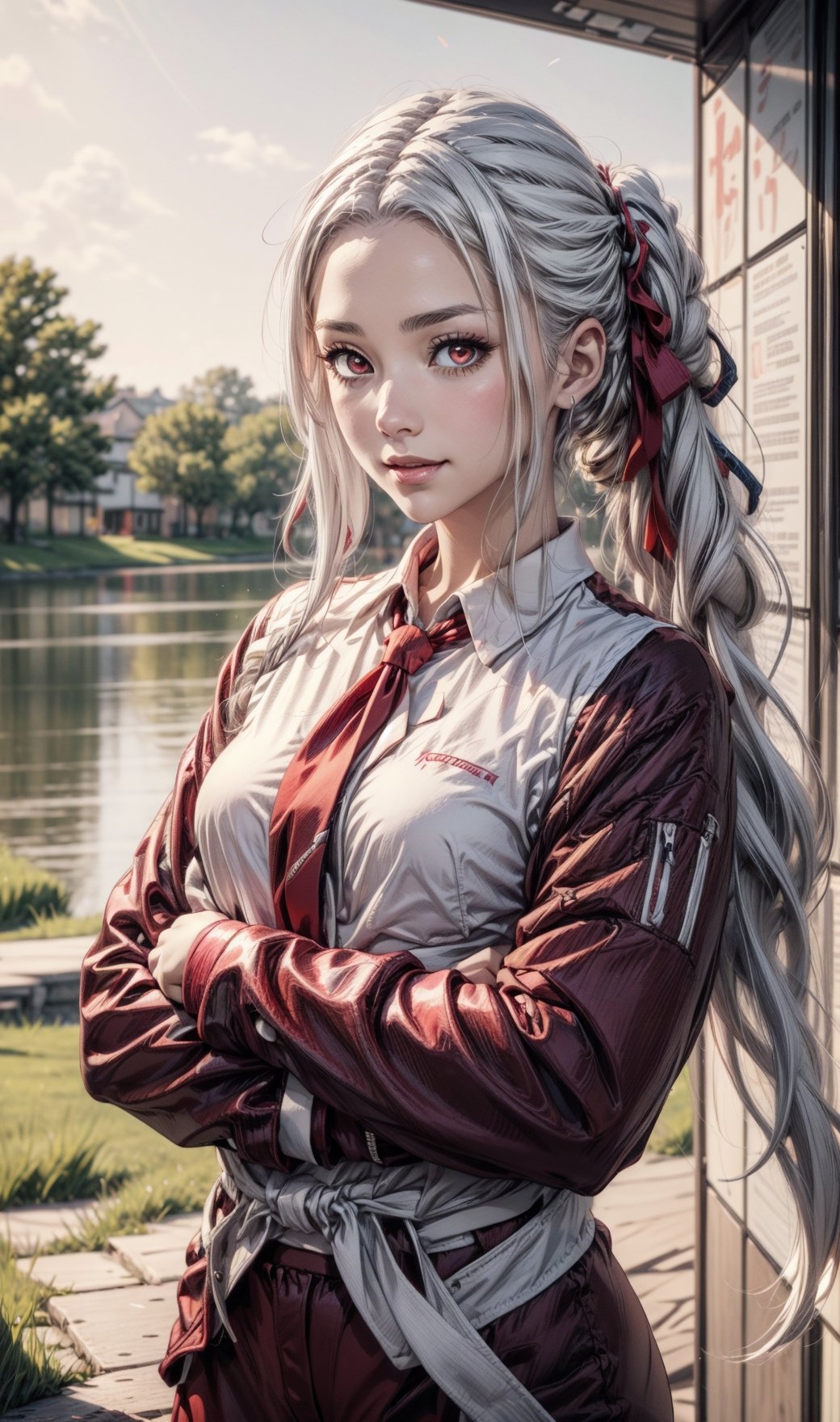 ((best quality)), ((Masterpiece)), ((ultra realistic)), vibrant colors, girl, masterpiece, sharp focus, best quality, depth of field, cinematic lighting, white hair, red eyes, (red suit), (white blouse), ((red tie)), office outfit, angry, twintails, red jacket, crossed arms, very long hair, smile, blush, trees, grass, lake, night sky,Evelyn1