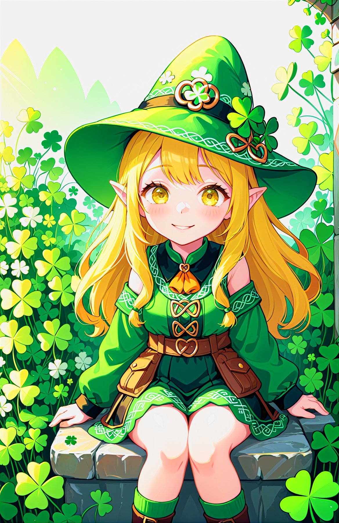 (best quality:1.3),(best masterpiece:1.3),super fine illustration,vibrant colors,official art,8k wallpaper,(((masterpiece))), (((best quality))), ((ultra-detailed)), (illustration), (detailed light),((an extremely delicate and beautiful)), (solo dwarf girl), smiling, (yellow-color hair, hair over eyes:1.3), sitting, wariza, holding a shamrock, (wearing oversized pointed hat with a Celtic shamrock pattern), (wearing yellow-green dwarf clothes), (shamrocks garden),cute doodle,IMGFIX