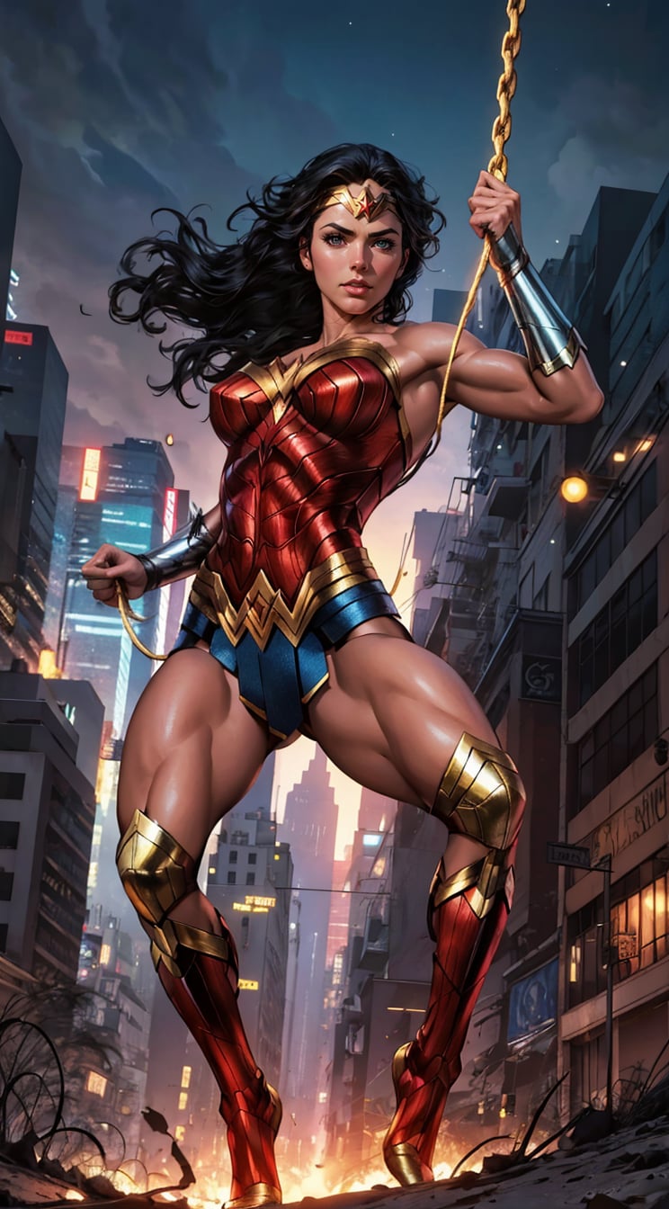 Generate a rough oil painting of Wonder Woman gracefully ((swinging through the gaps between skyscrapers)) (at night), ((flying)), using her ((Lasso of Truth)) as if she were Spider-Man. The golden glow emanating from the Lasso of Truth illuminates the scene like fluorescent lights. Capture her in a dynamic and stylish pose, reminiscent of Frank Miller's Sin City style. (field of depths,boheh backdrop),wonder_woman,artgerm,semi-realistic,Anime,highres,masterpiece