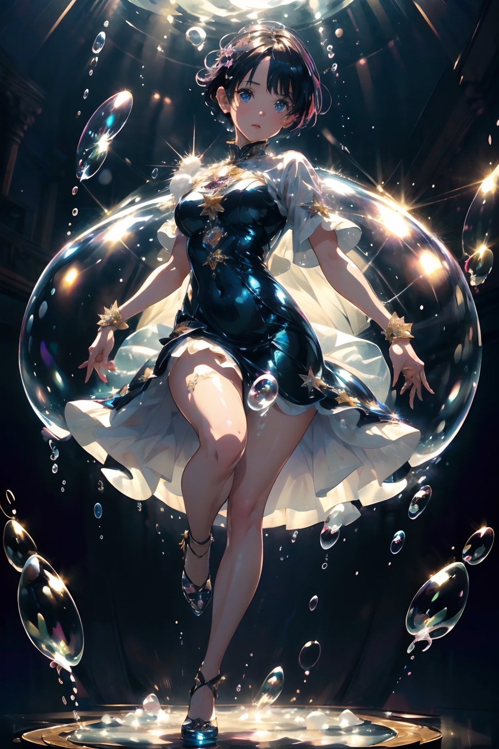 ((best quality, masterpiece, ultra detailed)),((extremely delicate and beautiful)), realistic, HD, ((short hair, shiny hair)), (lips), (shiny skin, shiny dress, focus on character) , solo, dynamic angle, full body, dynamic pose, (surprise), strong light input, sharp focus, blurred background, magic, illustration, anime, transparent, skin-tight, looking at the viewer, wet, inside a whirlwind, (((many bubble balls))), rem_re_zero, OuterWorldAI, starrystarscloudcolorful,glitter,More Detail,better_hands