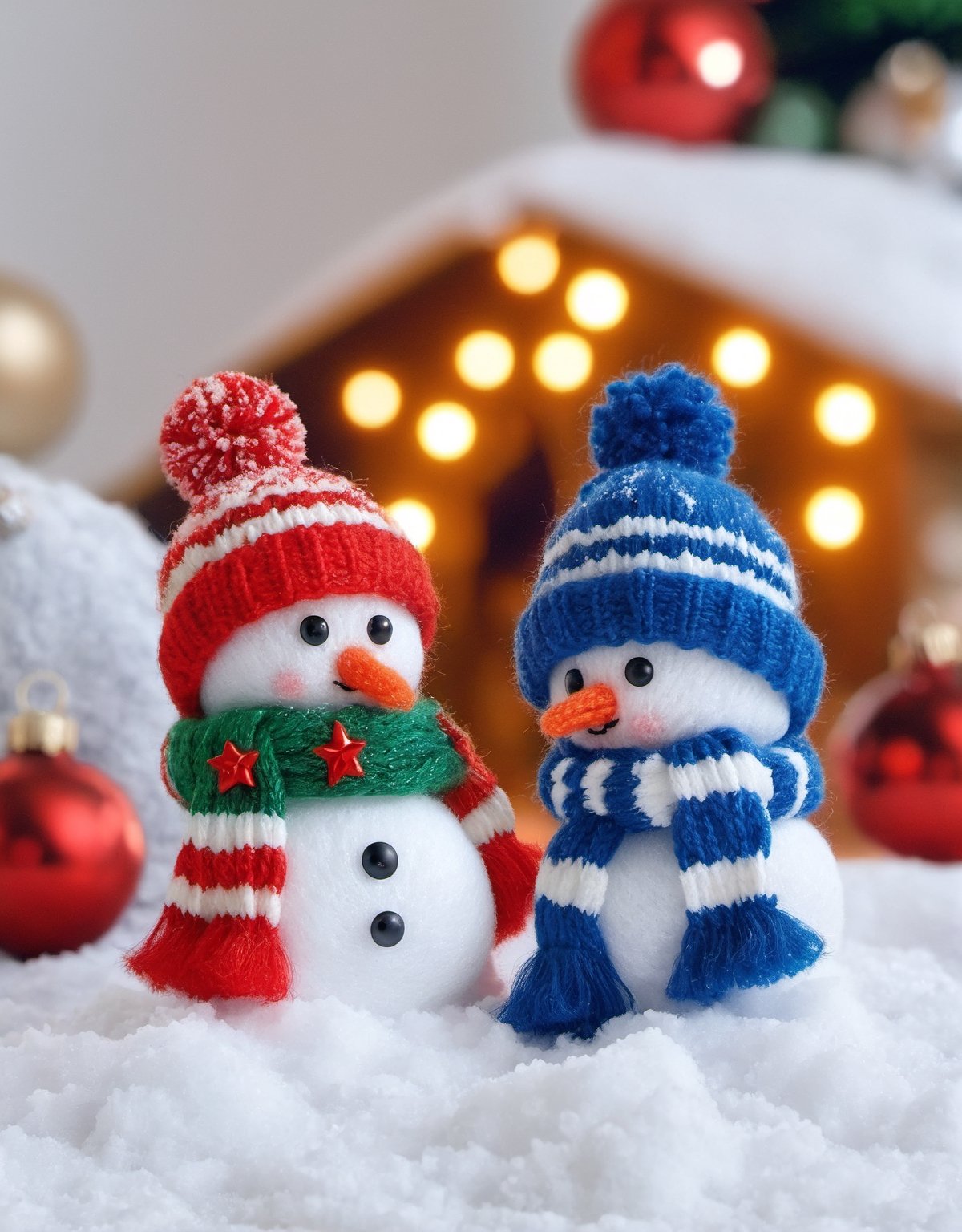 a detailed view photo of Little snowmen knitted on soft snow on the background of Christmas decorations,w00len