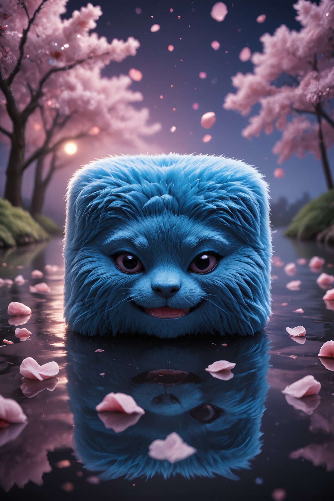 Masterpiece, professional, award-winning, intricate details, ultra high detailed, 64k, dramatic light, volumetric light, Cute TenTen blue cube mascot with lustful smirking smile face, looking at viewer, sitting on the surface of the water, with realistic cherry blossom effects. high quality, realistic lighting, professional photos, very detailed and sharp focus, crazy details, intricate details, very detailed and bright cinema lighting, surrounded by cherry blossom petals flying gently around tenten, Anime, 3D CGI, Pixar Art