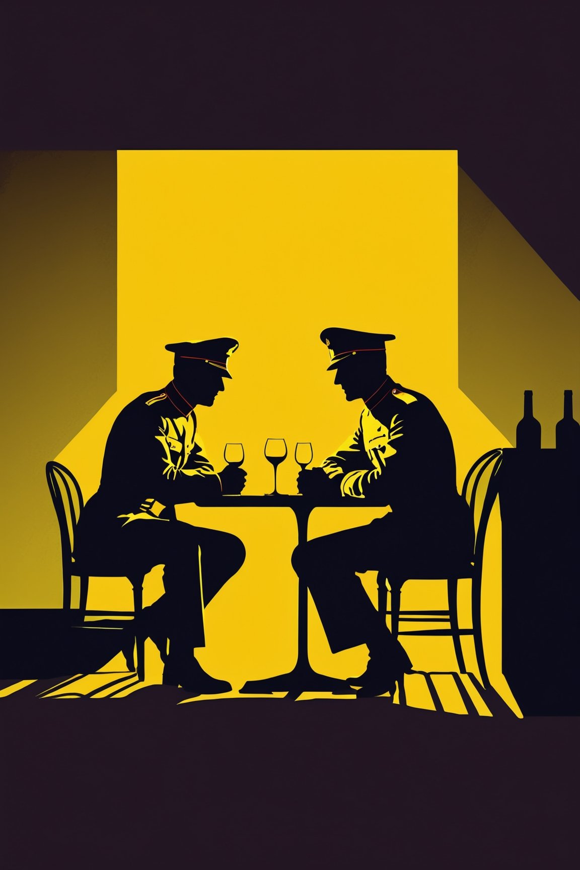 character silhouette, 2 men at a restaurant table, body in shadow, Soviet officer's uniform, dark night, dark yellow background,Flat vector art,pencil sketch