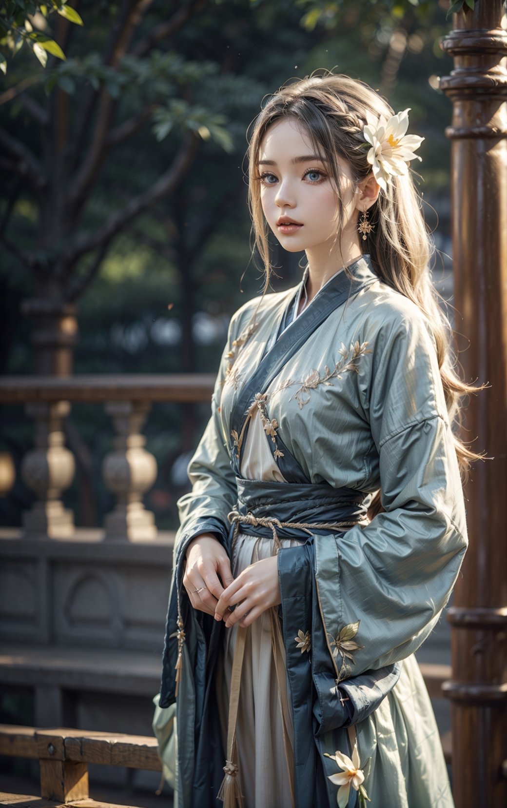 Highly qualified 8K style, HD, vibrant colors, 1girl, masterpiece, sharp focus, best quality, depth of field, cinematic lighting, {fantasy theme, Chinese style},1girl, long hair, white hair, blue eyes, masterpiece, best quality,chinese clothes, hanfu, long sleeves, blue dress, hair flower, blue flower,leonardo,REALISTIC