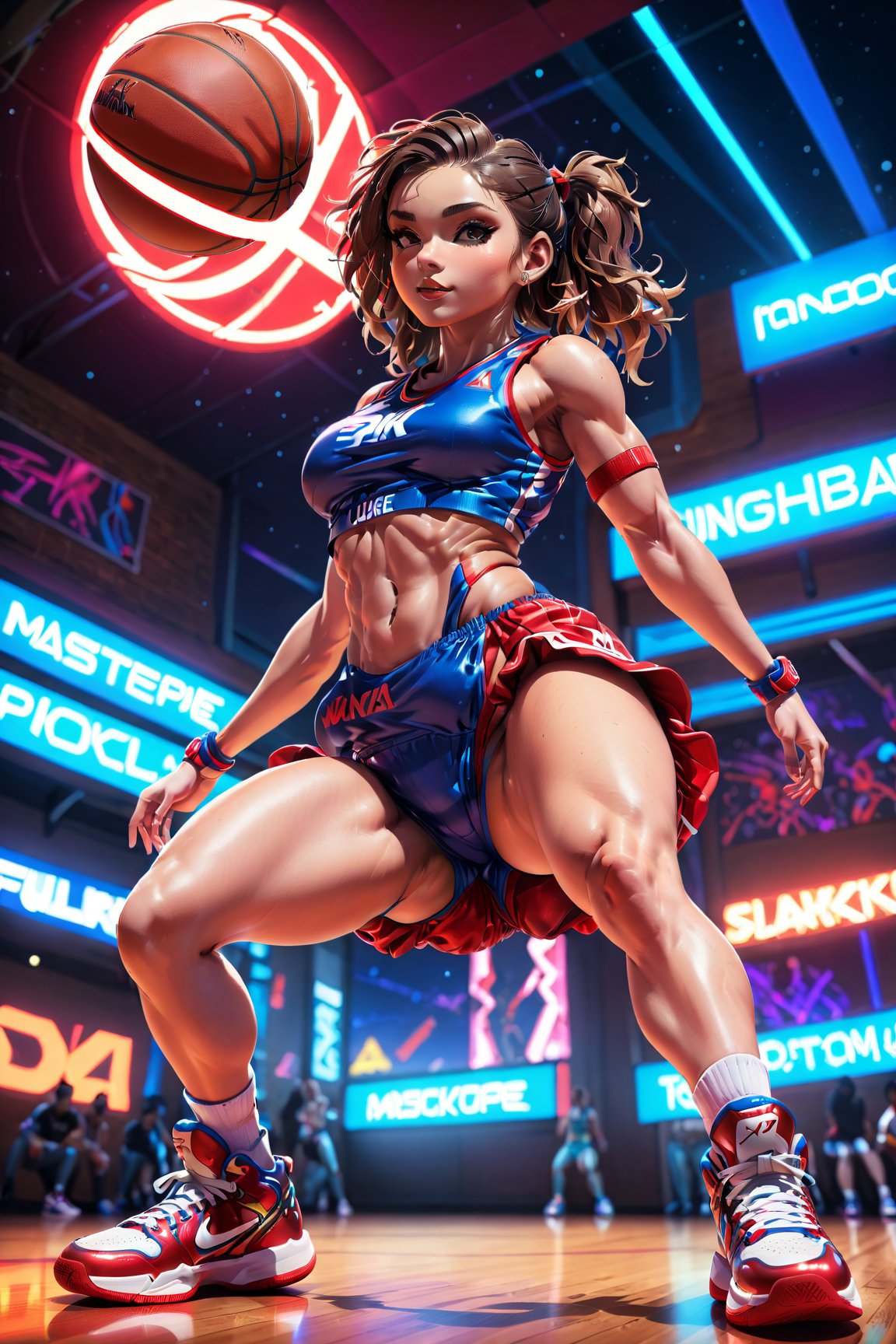 (Best quality, ultra detailed, masterpiece),  8k, super detailed, ((beautiful detailed)))1girl, hip pop clothes, Red basketball shoes, low angle shot, low angle, ground-level shot, full body, full body shot, lunge, nightclub, laser beam(Dynamic feeling:1.4),(concept art style:1.4), neon, neon sign, glowing,32k, octane render,neon style,simple background