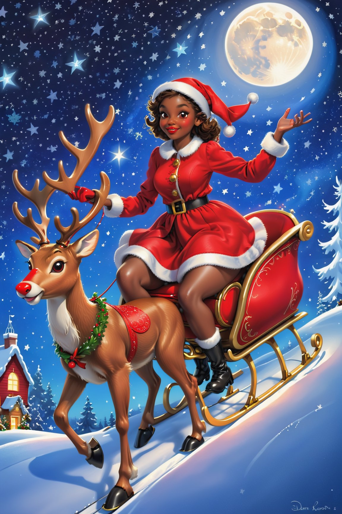 best quality, realistic, photorealistic, award-winning illustration, (intricate details: 1.2), (delicate detail), (intricate details), wonderful christmas night, polar lights, ((Dark skinned pretty girl wearing Santa's outfit is riding on sleigh pulled by the Red Nosed Reindeer)), flying to the sky, a round moon, starry sky, shooting star, Christmas night,danknis,anitoon style