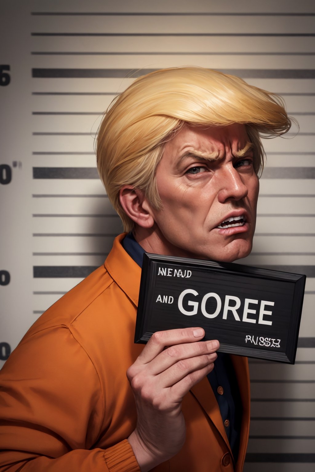 1man, english text, holding, male focus, old, photo \(medium\), rage, angry, pissed-off, solo, upper body, a portrait of a Donald Trump, orange jumper suit, orange prison uniform, (shirt unbuttoned:1.2), detailed face, cinematic, insane details, intricate details, hyperdetailed, bright face,
good anatomy, masterpiece, best quality, 4k, 8k, 1boy, concept_ken_mugshot_ownwaifu,holding, barbie_mugshot_(meme),www.ownwaifu.com,
