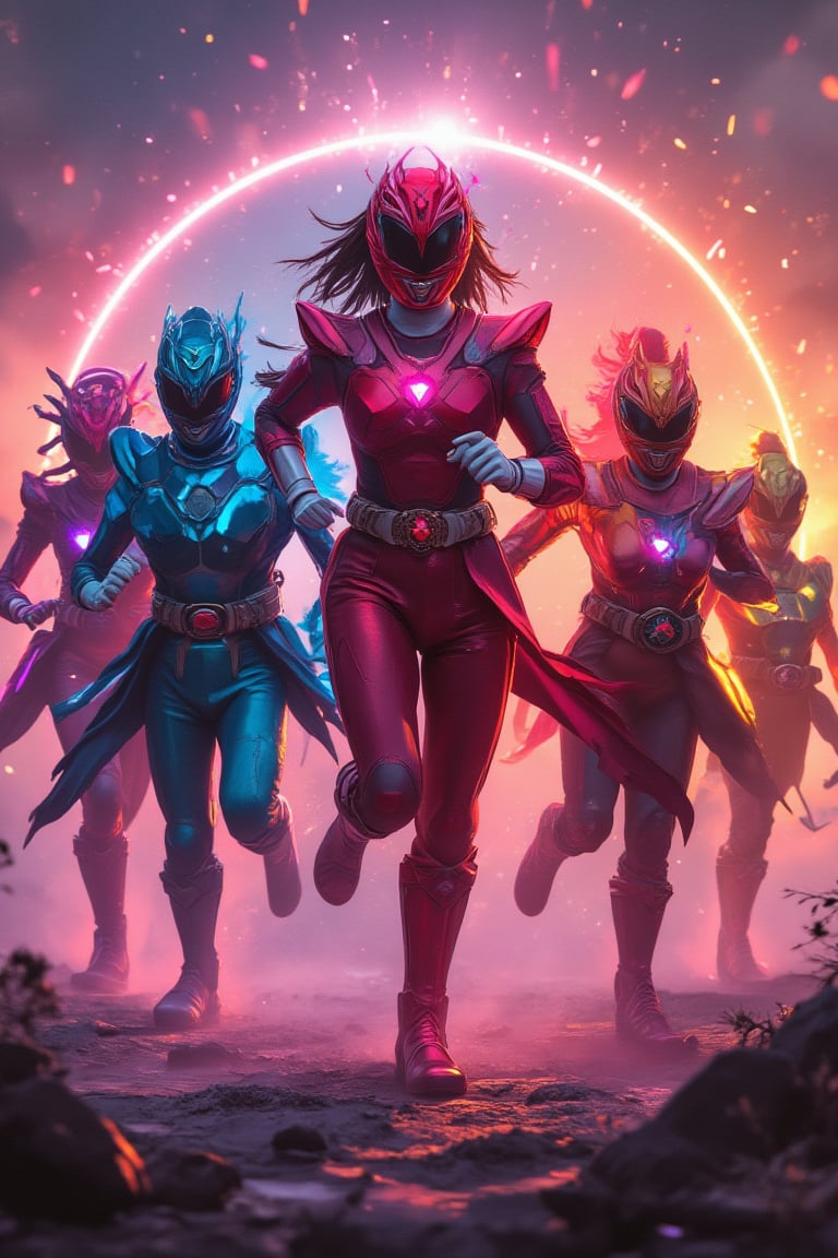 Masterpiece, professional, award-winning, intricate details, ultra high detailed, 64k, dramatic light, volumetric light, dynamic lighting, Solo, A brave and courageous image of a 6 member ranger team, Each one is decorated in vibrant colors. red is front of center, violet, Green, yellow, blue black, white,. Dynamic poses in a background that exudes energy and courage, neon, fire, plasma, Fluorescent, shocking, pink big bomber, splashing pink, running, fighting pose, action pose, Embodying the essence of the classic Sentai superhero team. Each Rangers attire is sophisticated and modern, Each color has elements that reflect its theme., Ready for action. In sunset background, in cinematic lighting, cover art mixed cinema poster style, realistic lighting and shading, vivid, vibrant, unreal engine, concept art,disney style,1girl_Anime