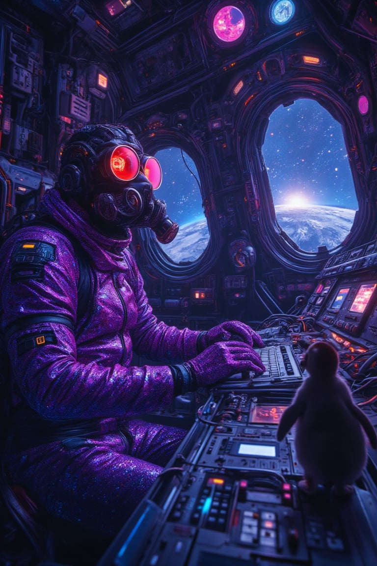 In a dimly lit spaceship cabin, an award-winning cyberpunk masterpiece unfolds. A professional figure dons a gas mask with vibrant red lenses, dressed in a dazzling full-body suit covered in glittering purple hues. Amidst the intricate details and ultra-high definition (64k) visuals, they expertly operate the control panel, surrounded by an array of futuristic instruments. Through the window, the starry expanse of space beckons, a breathtaking backdrop for this dramatic scene. A cuddly baby penguin playfully waddles nearby, adding an adorable touch to this anime-inspired cyberpunk artwork.