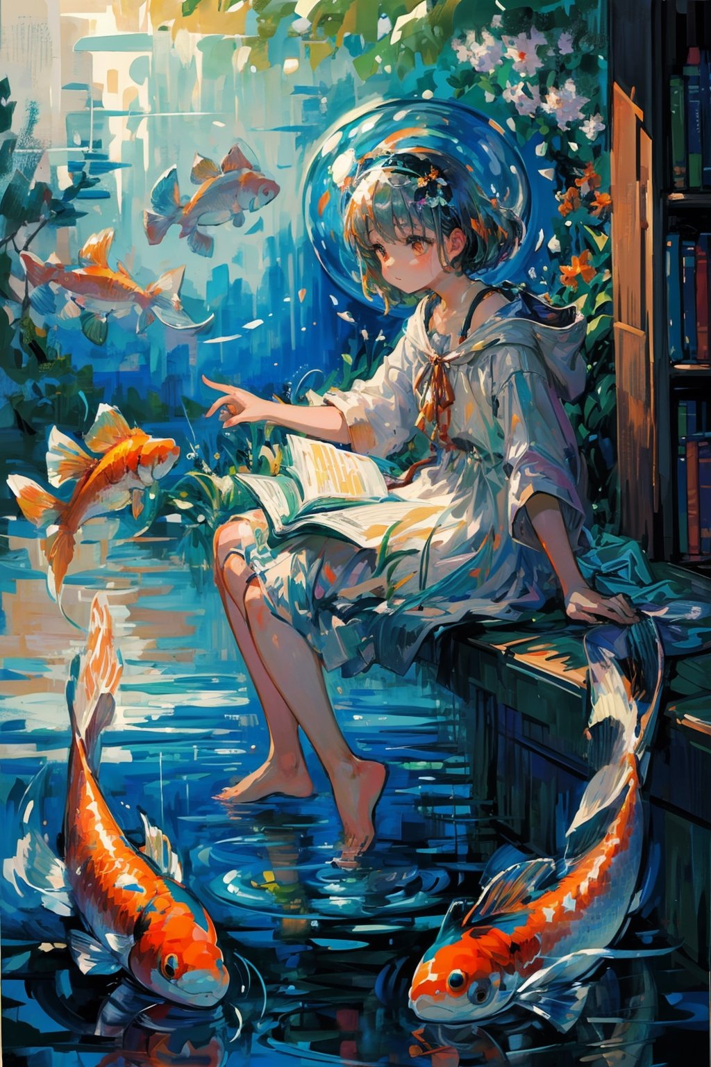 [(Transparent background:1.5)::5],(((masterpiece))),(((best quality))),(((extremely detailed))),illustration, 1girl,solo,mysterious,vivid color,shiny, underwater transparent sealed hemispherical glass dome, silver hair,orange eyes, full body, bare_feet, long hair, tranquil nature,koi, Underwater, Dome,close up, Dynamic actions, Lens perspective,(((Box composition))),sit cross-legged and lean against the bookshelf,(arm + hand + 1thumb + 4finger),(Impressionism:1.4),impressionist