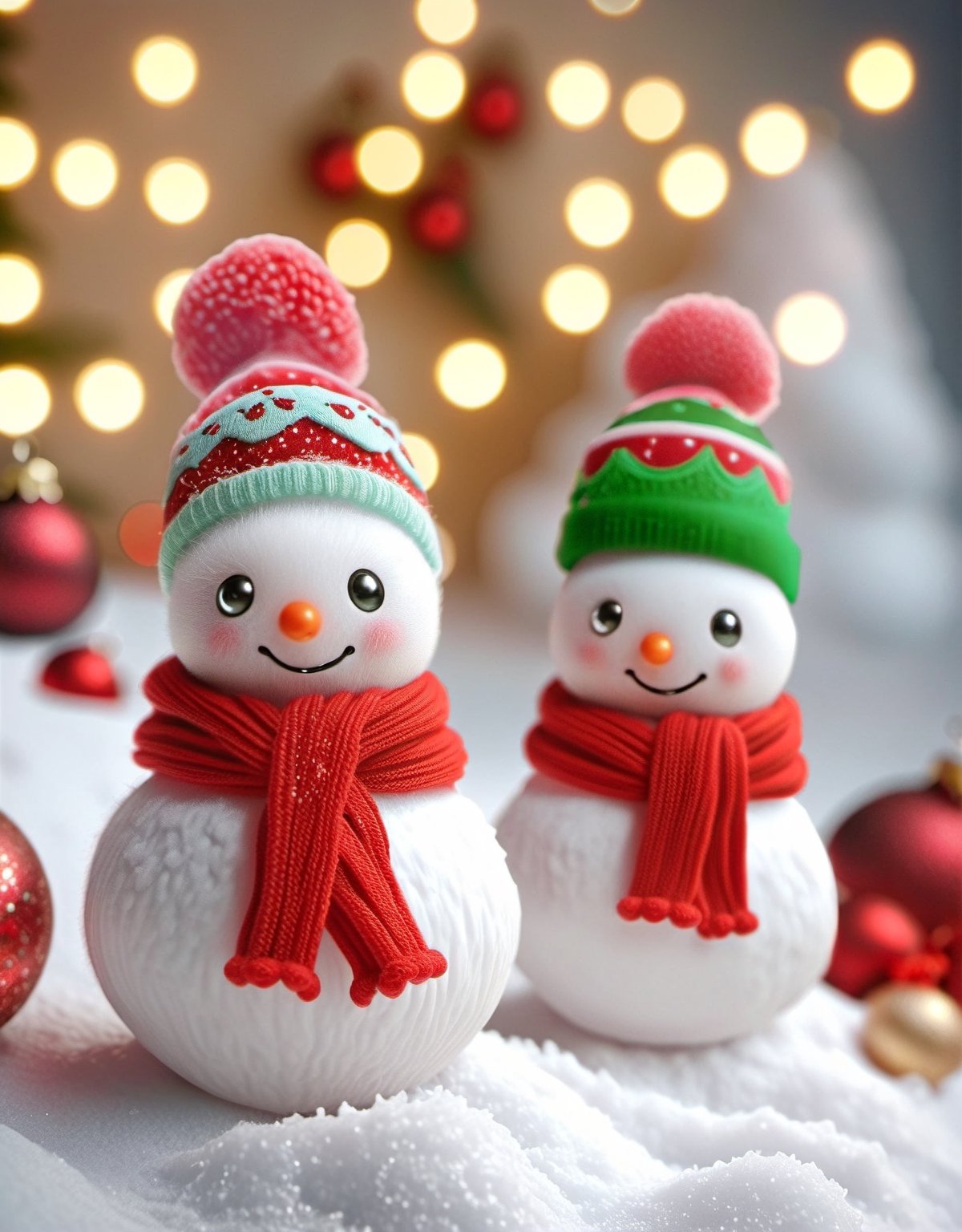 a detailed view photo of Little snowmen knitted on soft snow on the background of Christmas decorations,w00len